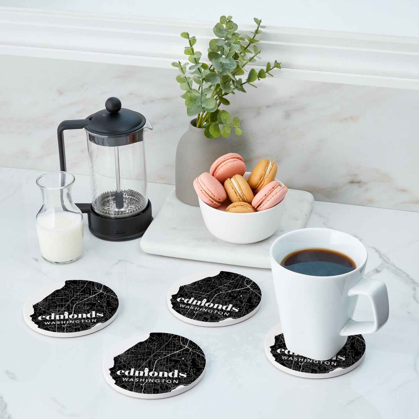 Ceramic Round Coaster 4-Set-Minimalistic Dark Map Edmonds Washington