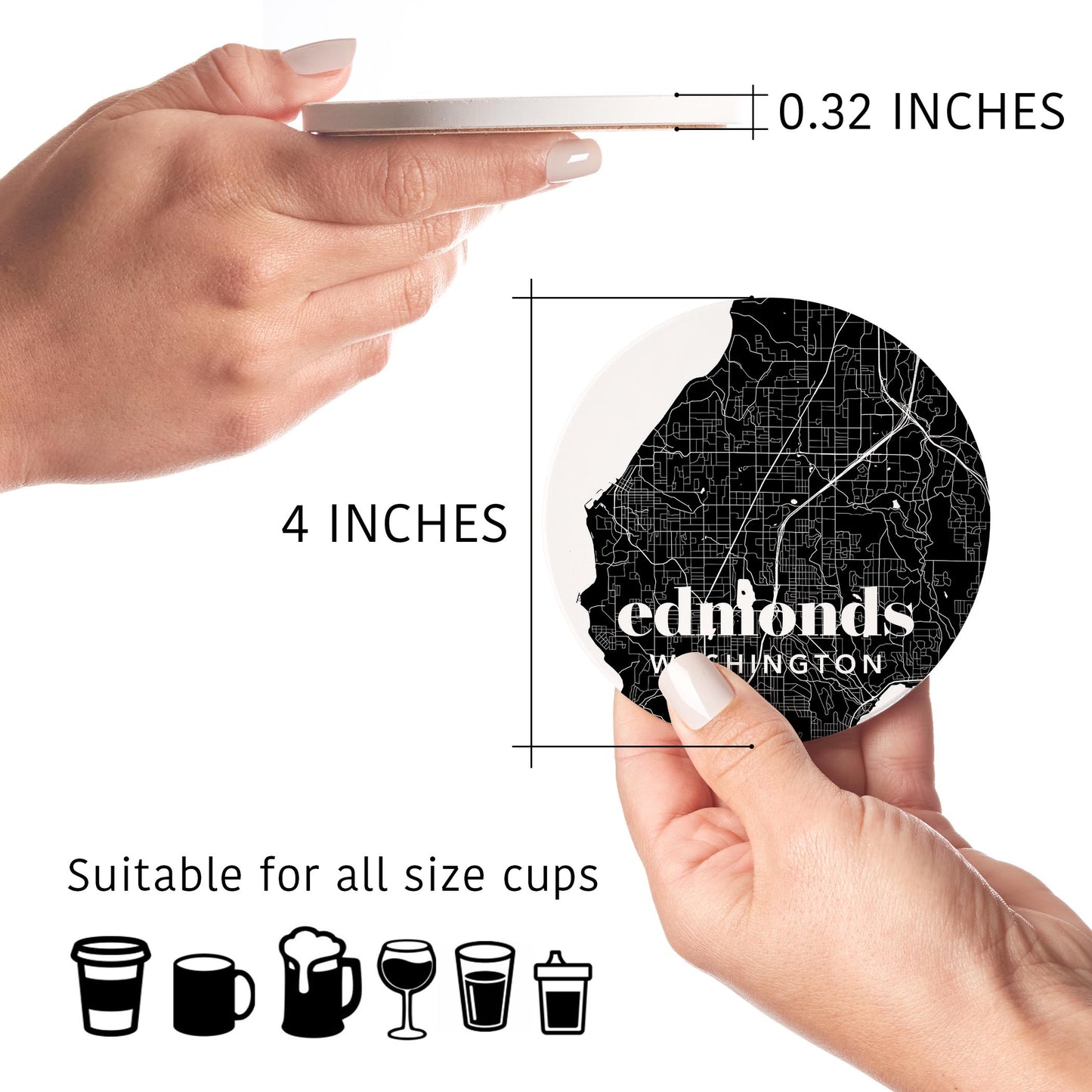 Ceramic Round Coaster 4-Set-Minimalistic Dark Map Edmonds Washington