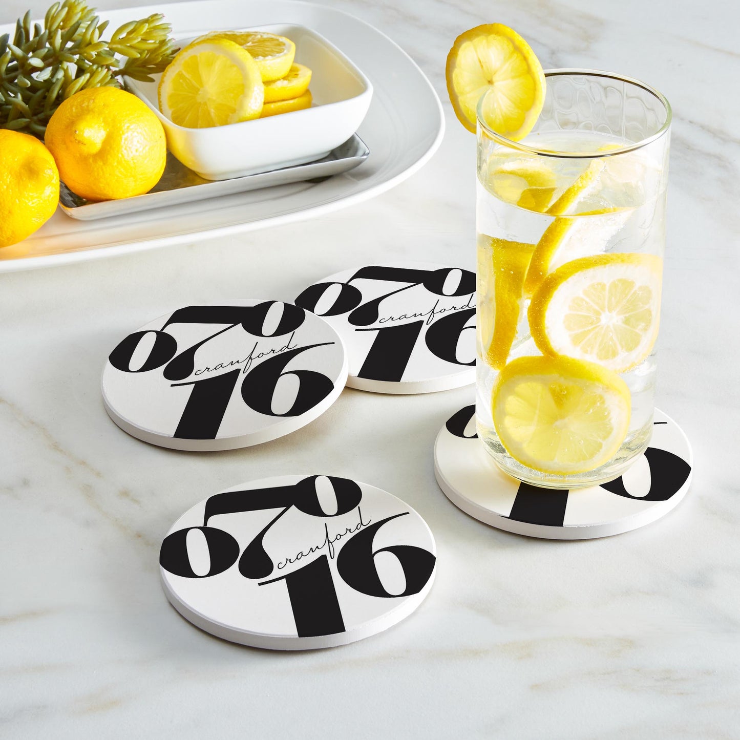 Ceramic Round Coaster 4-Set-Black and White Zip Block Cranford 07016