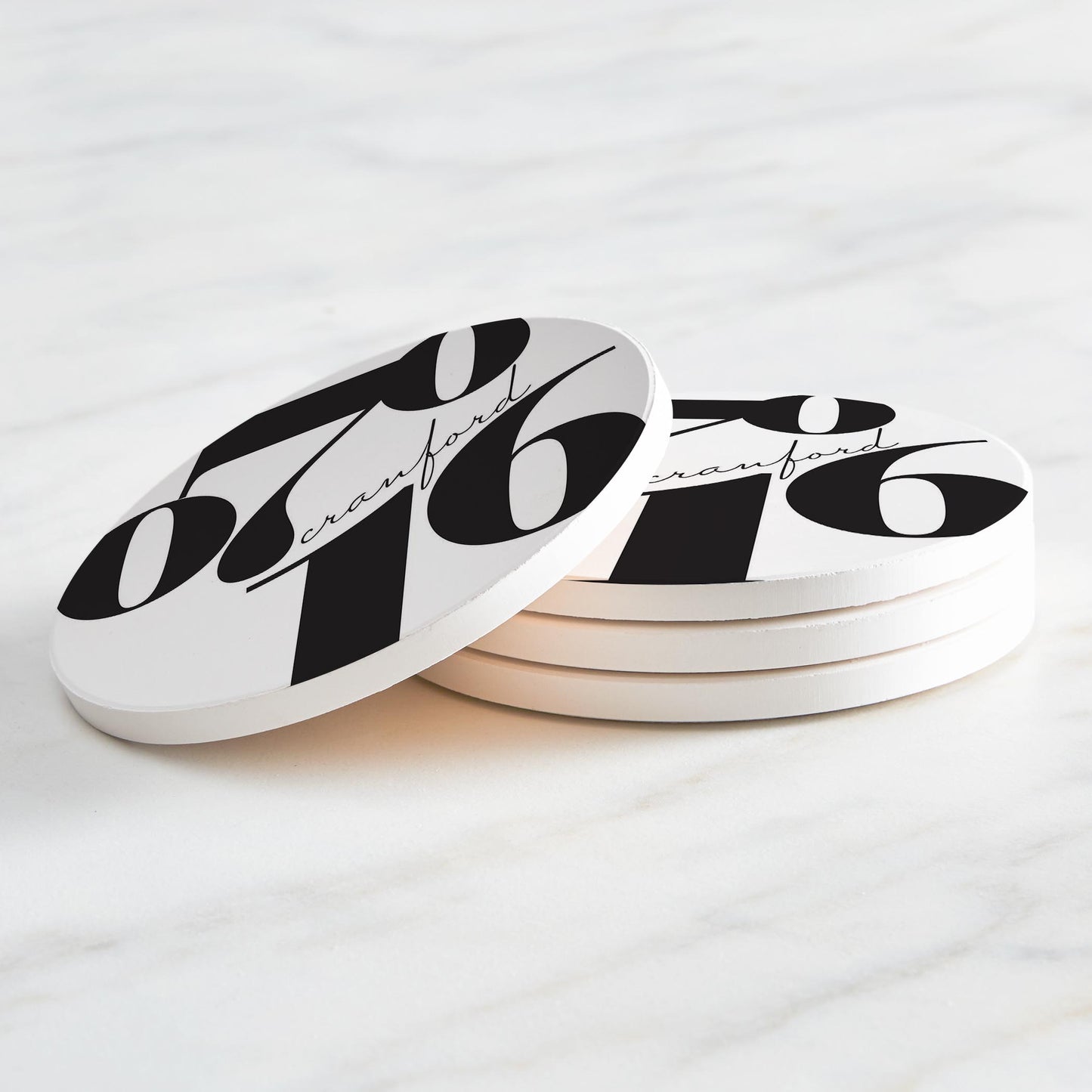 Ceramic Round Coaster 4-Set-Black and White Zip Block Cranford 07016