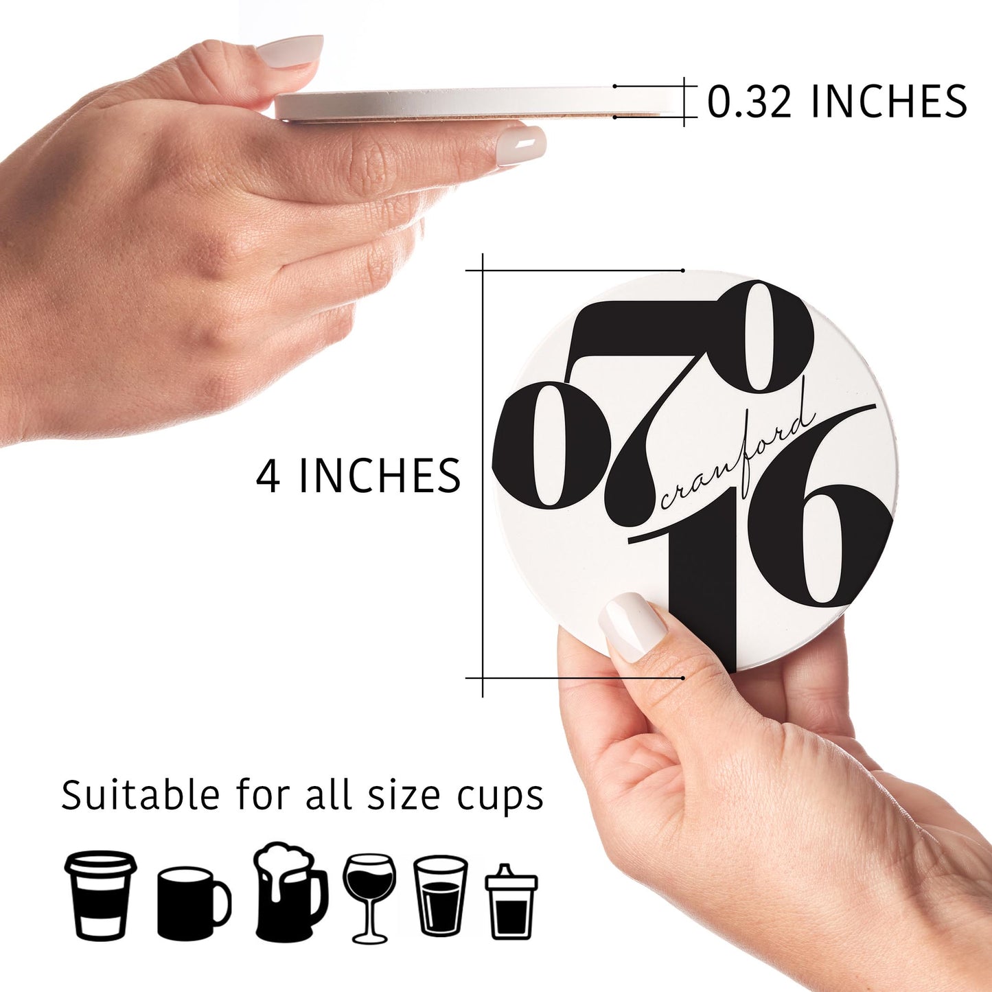 Ceramic Round Coaster 4-Set-Black and White Zip Block Cranford 07016