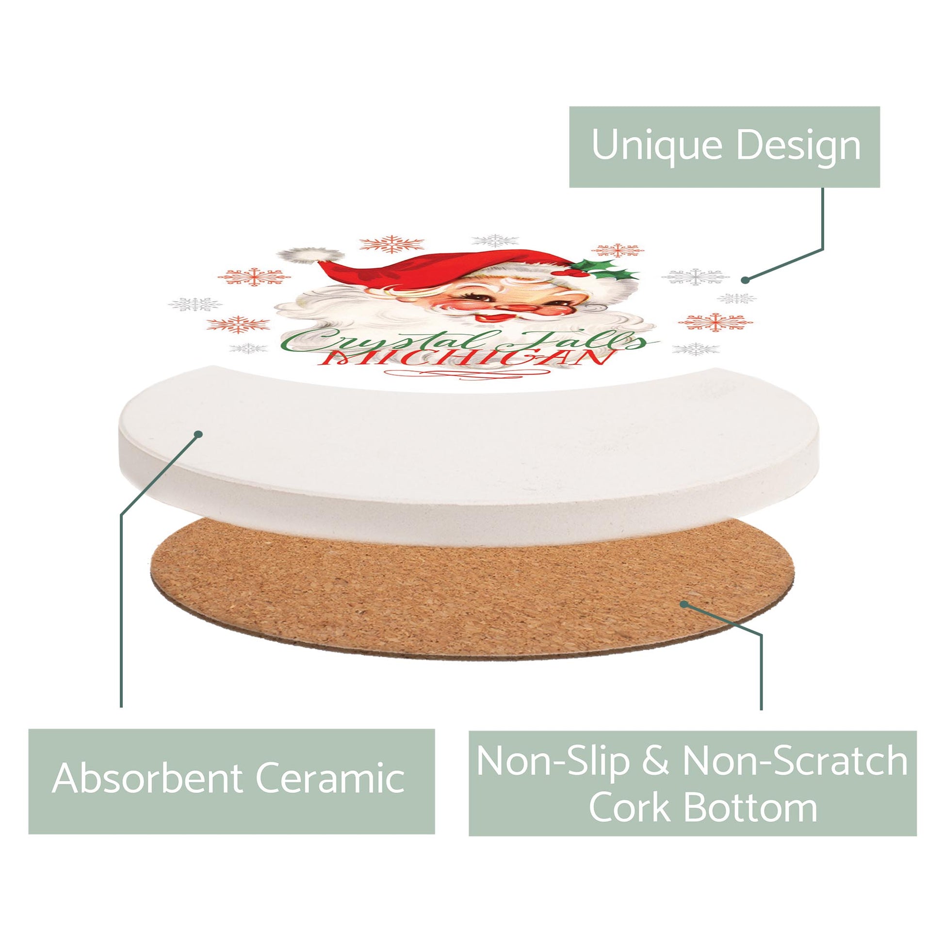 Ceramic Round Coaster-Classic Santa Crystal Falls Michigan -2