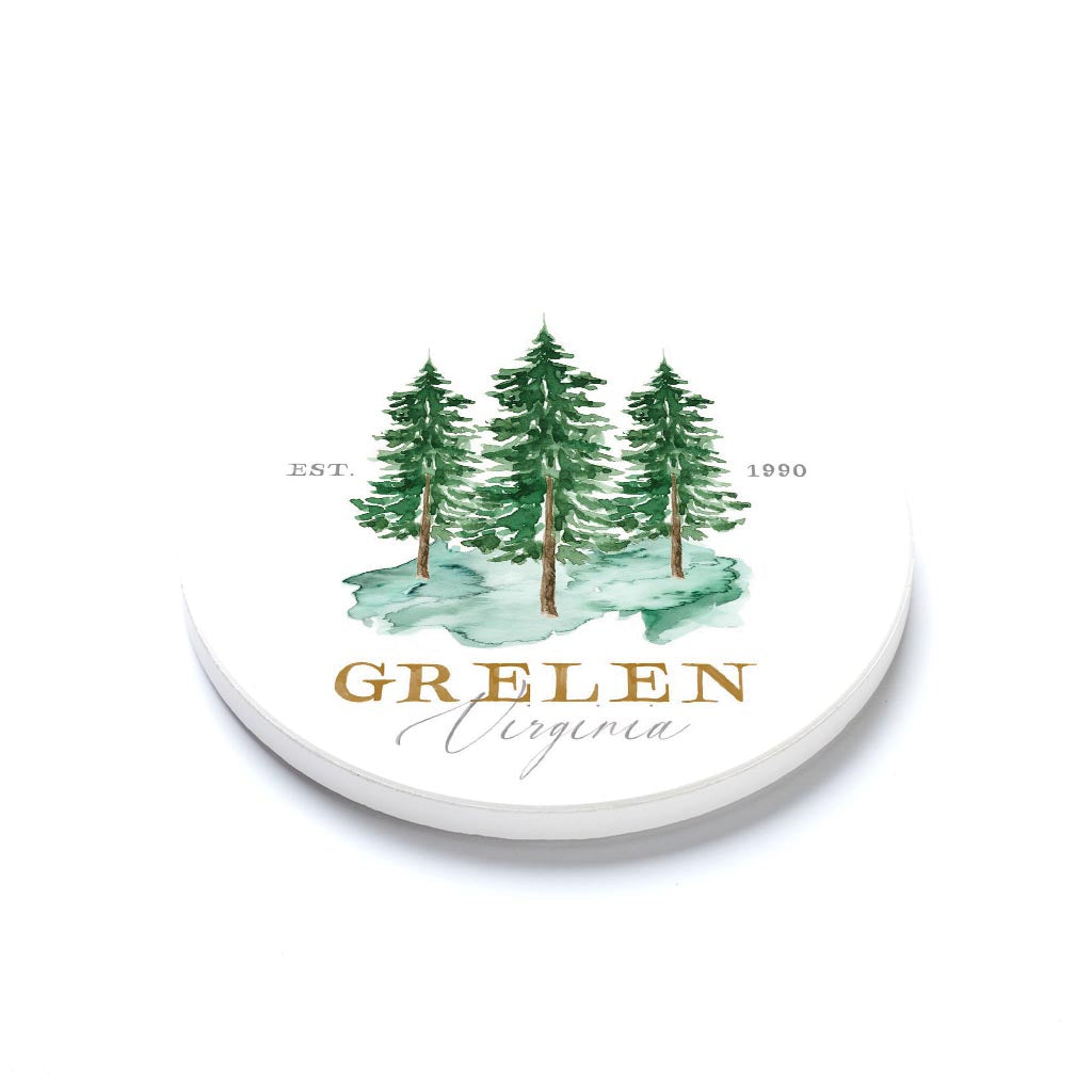Ceramic Round Coaster-Watercolor Tree Trio Grelen Virginia
