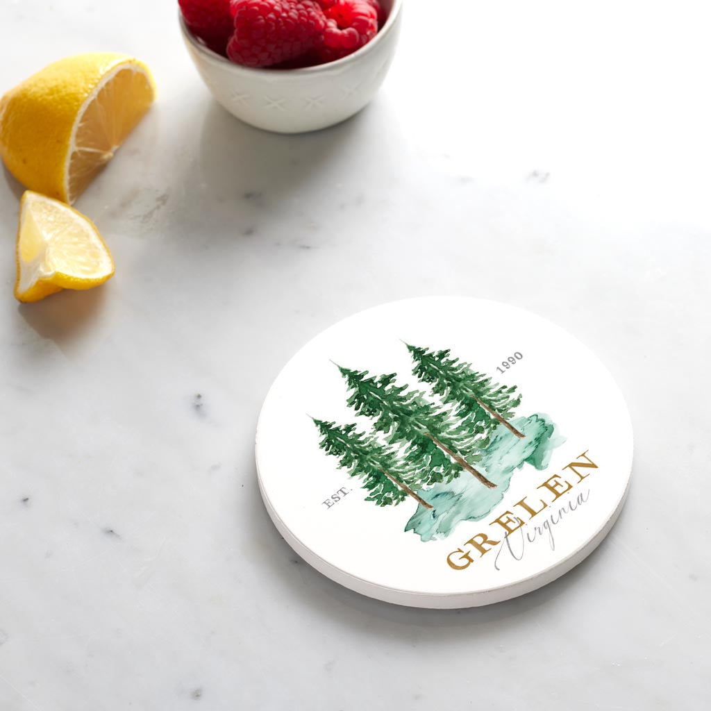Ceramic Round Coaster-Watercolor Tree Trio Grelen Virginia