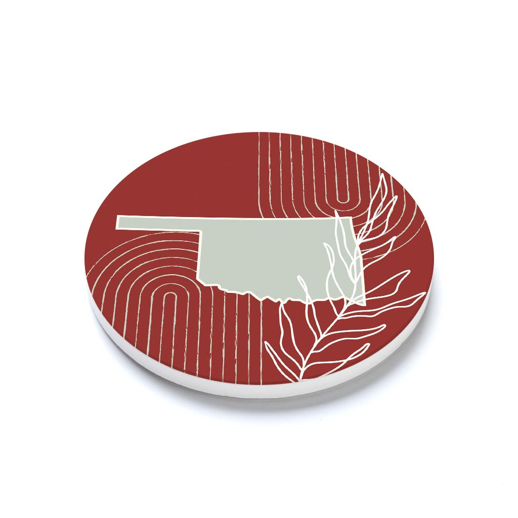 Ceramic Round Coaster-Modern Minimalist Oklahoma State Shape with Leaf
