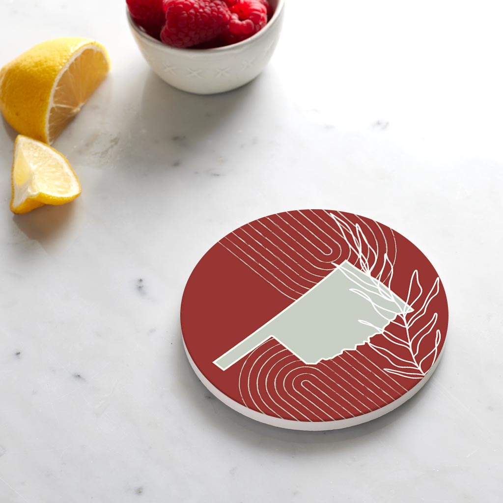 Ceramic Round Coaster-Modern Minimalist Oklahoma State Shape with Leaf