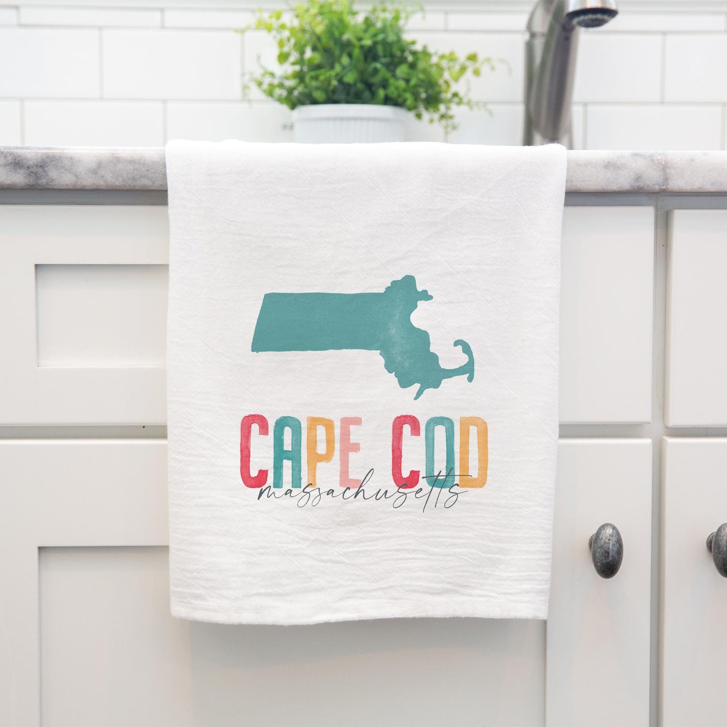 Cotton Tea Towel White-Watercolor City Cape Cod Massachusetts