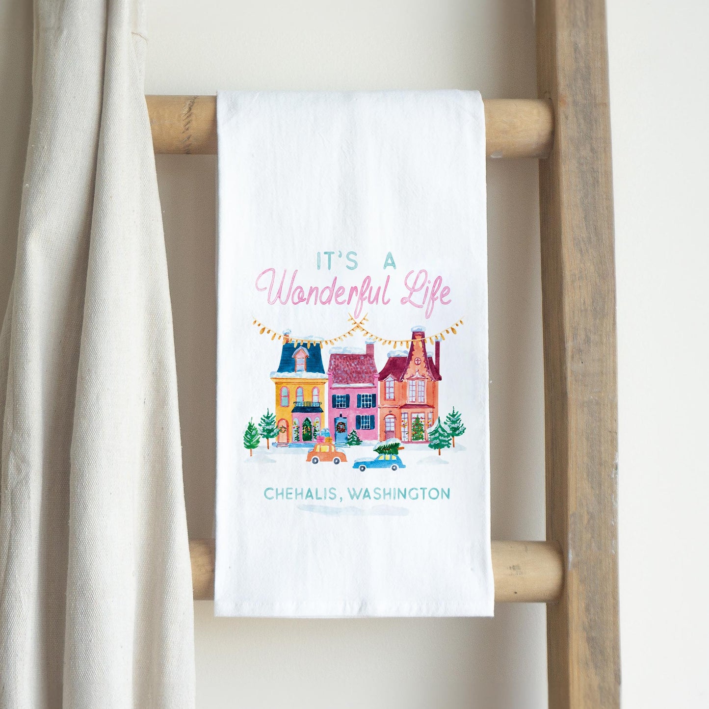 Cotton Tea Towel White-It's A Wonderful Life Chehalis Washington -2