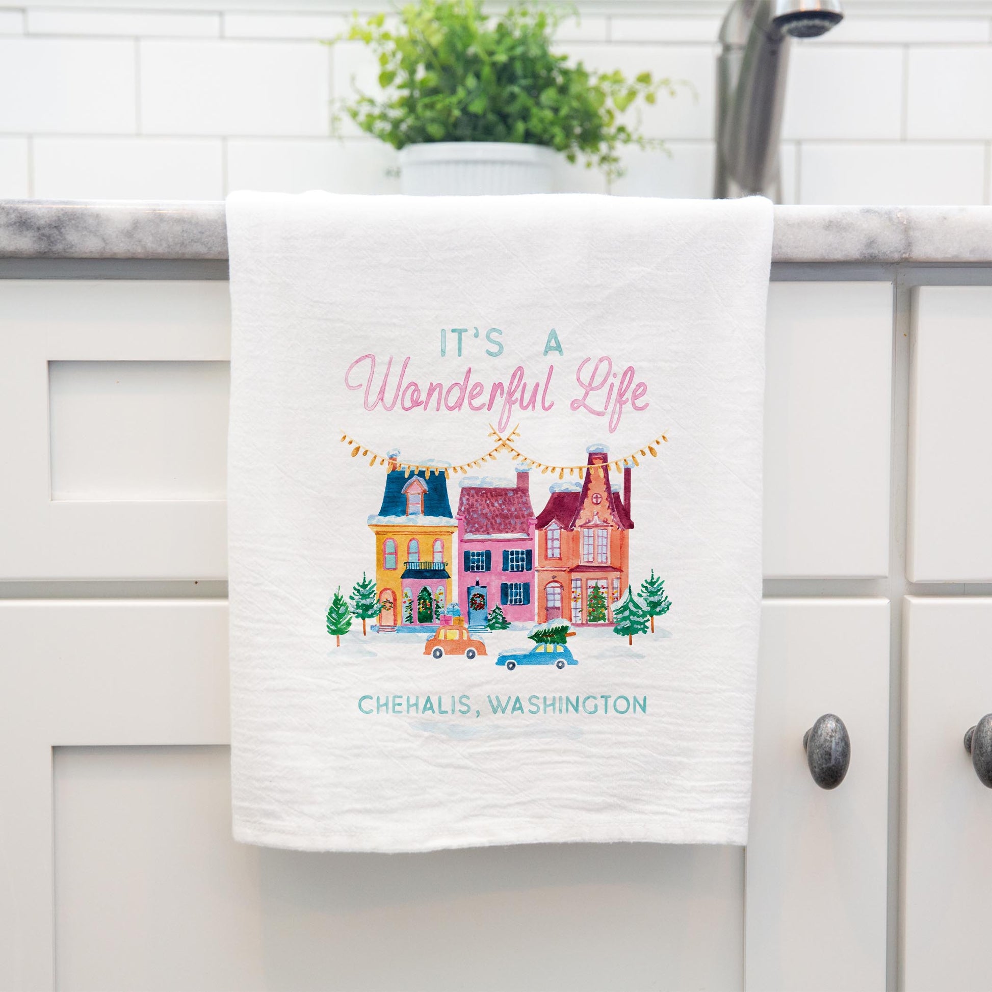 Cotton Tea Towel White-It's A Wonderful Life Chehalis Washington -3