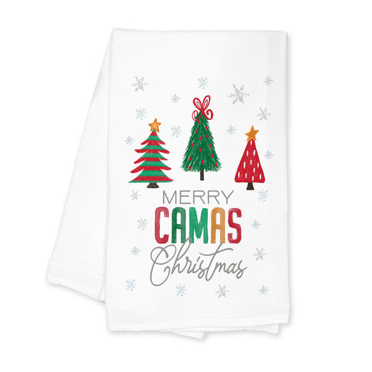 Cotton Tea Towel White-Merry Camas Christmas Traditional -0