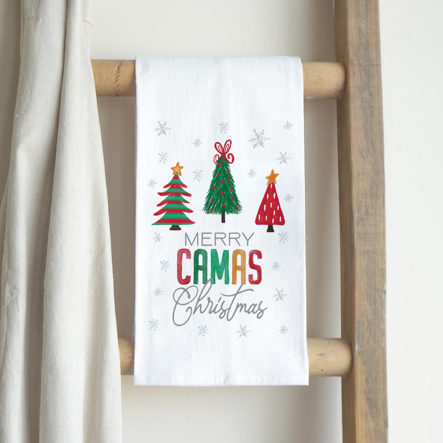 Cotton Tea Towel White-Merry Camas Christmas Traditional -2