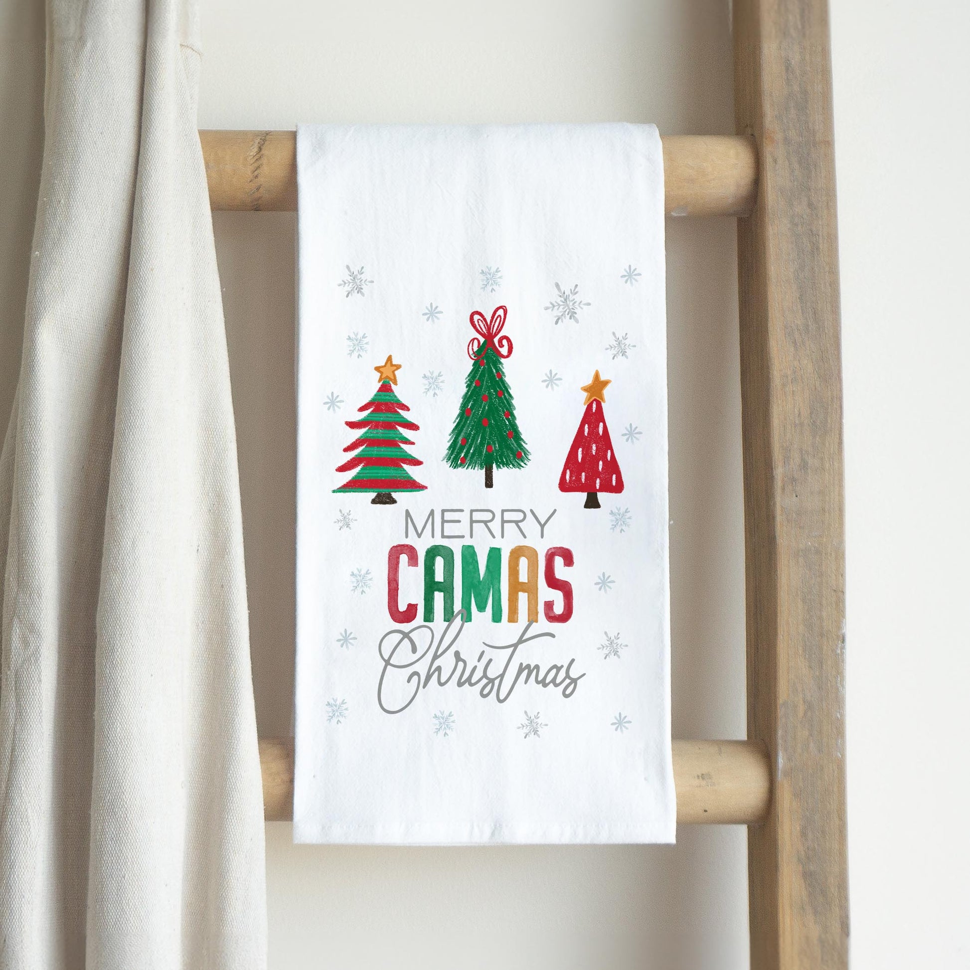 Cotton Tea Towel White-Merry Camas Christmas Traditional -2