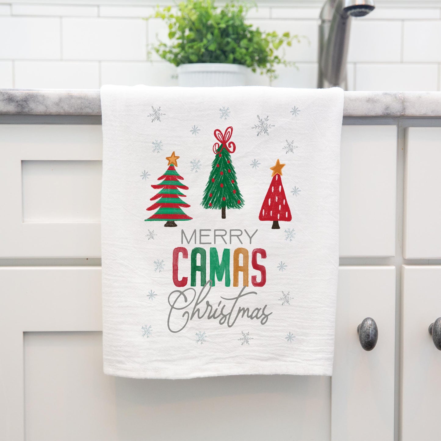Cotton Tea Towel White-Merry Camas Christmas Traditional -3