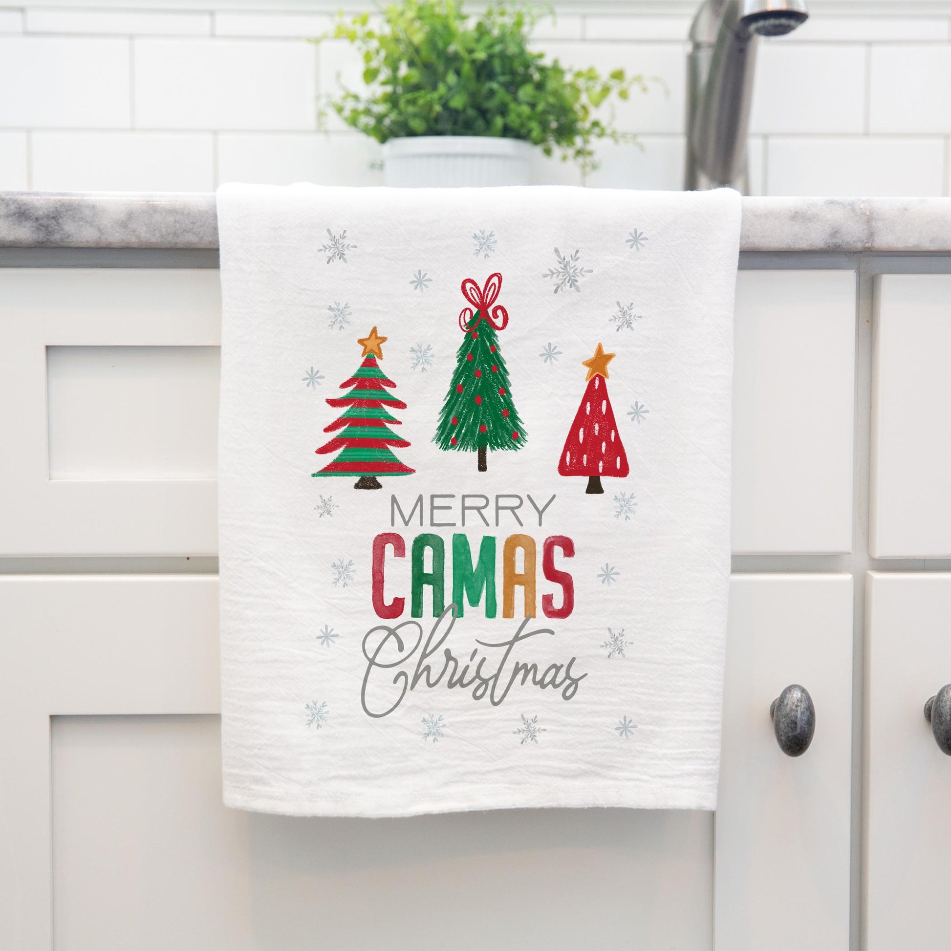 Cotton Tea Towel White-Merry Camas Christmas Traditional -3