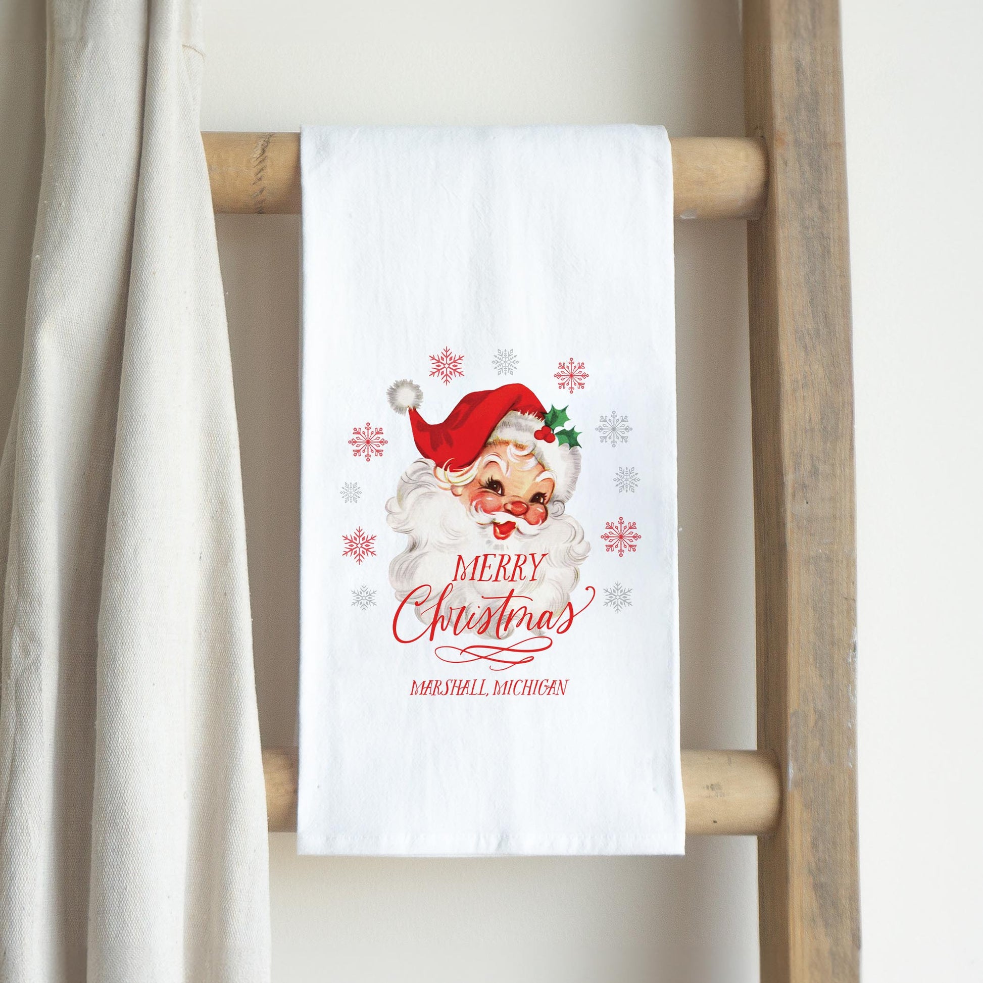 Cotton Tea Towel White-Classic Santa Marshall Michigan -2