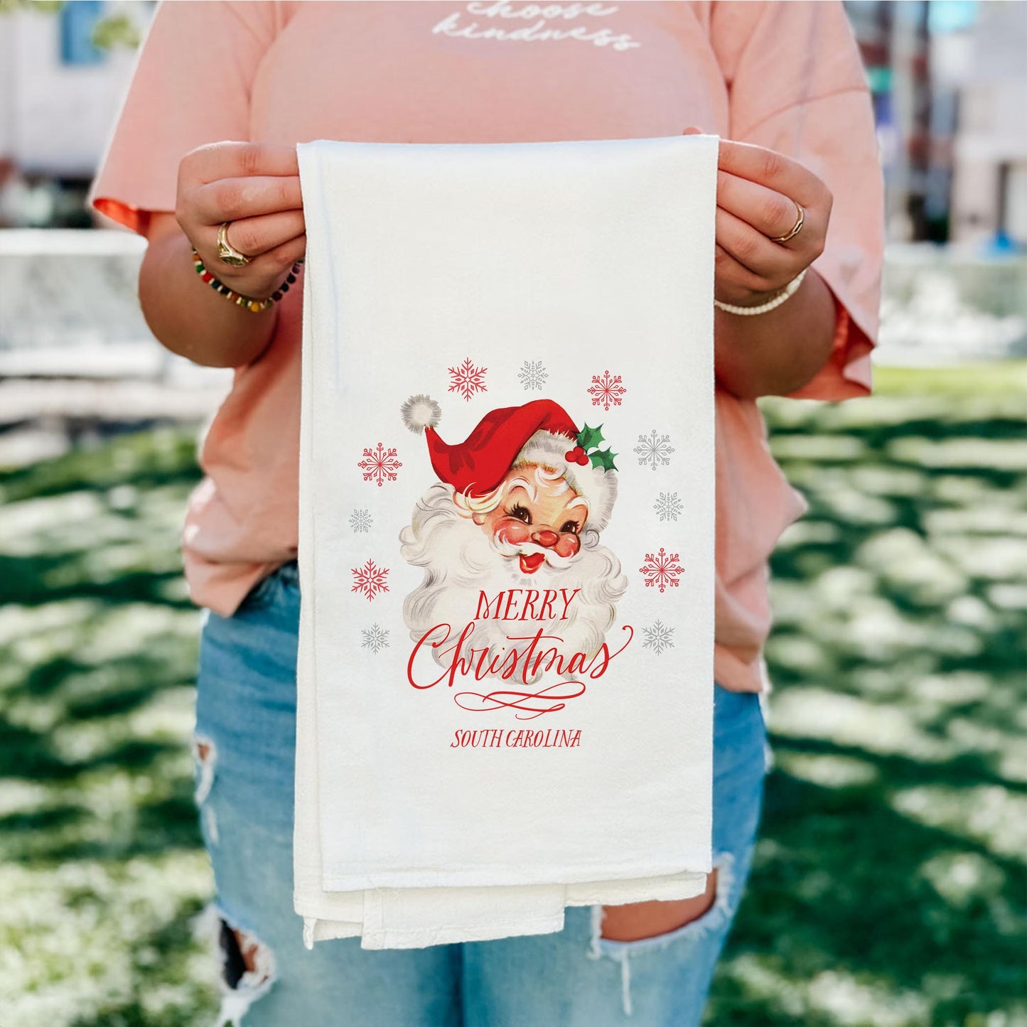 Cotton Tea Towel White-Classic Santa Fort Mill South Carolina