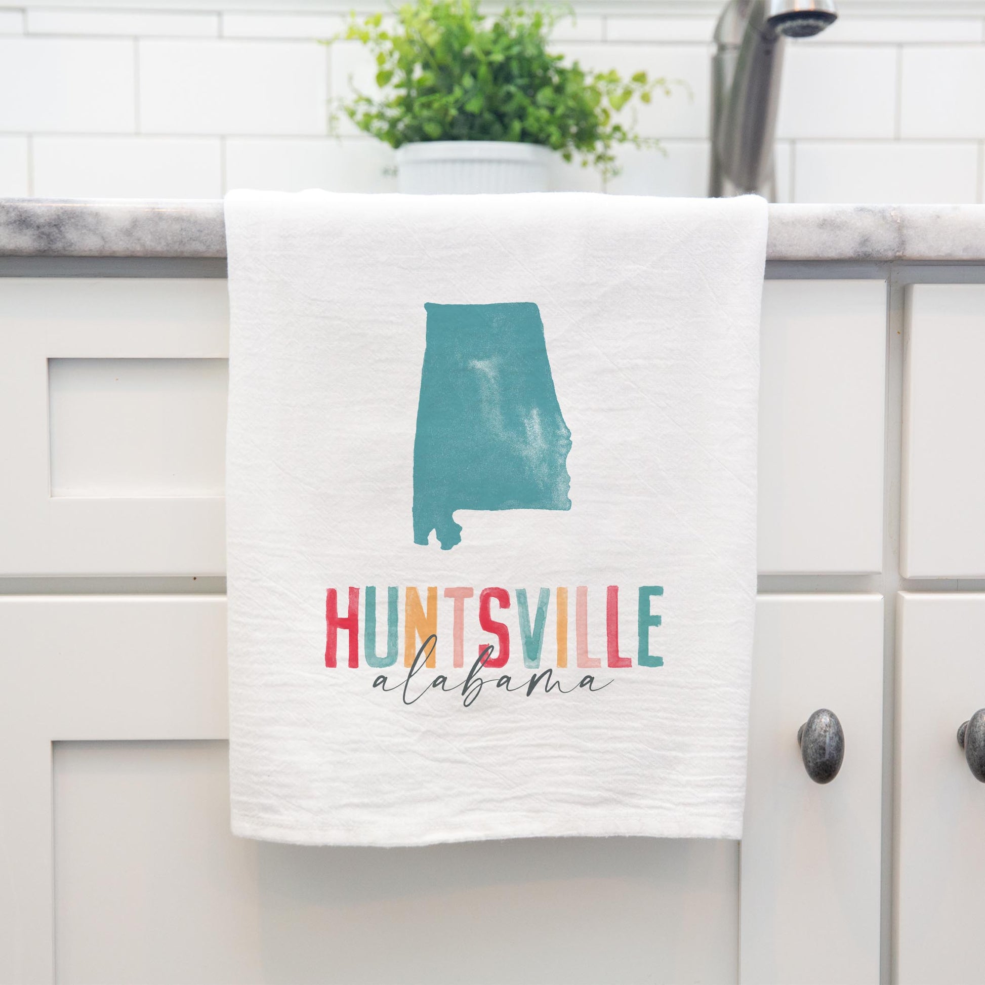 Cotton Tea Towel White-Watercolor City Huntsville Alabama -3