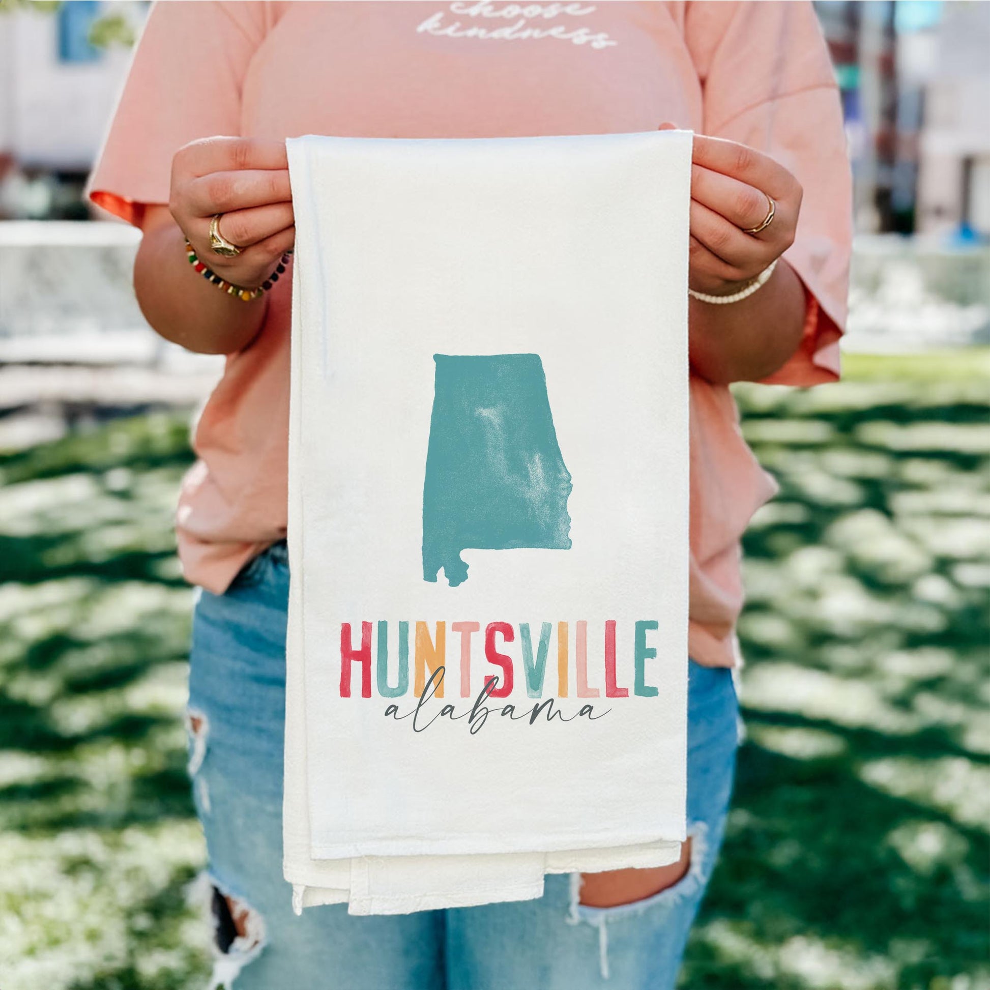 Cotton Tea Towel White-Watercolor City Huntsville Alabama -4