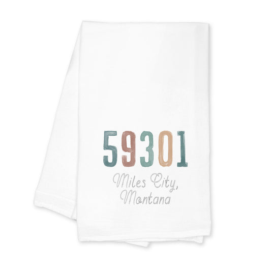 Cotton Tea Towel White-Watercolor Zip 59301 Miles City Montana Nature Walk -0