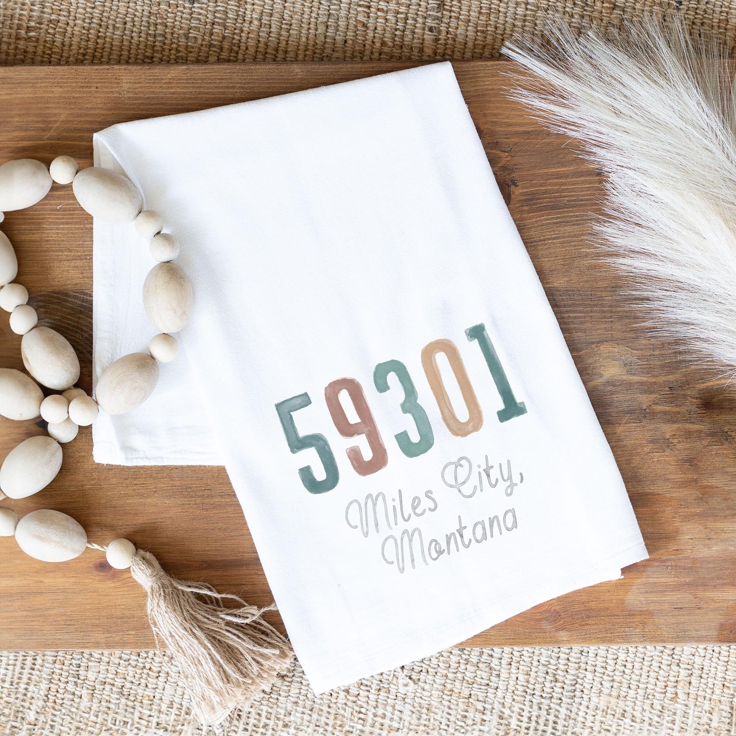 Cotton Tea Towel White-Watercolor Zip 59301 Miles City Montana Nature Walk -1