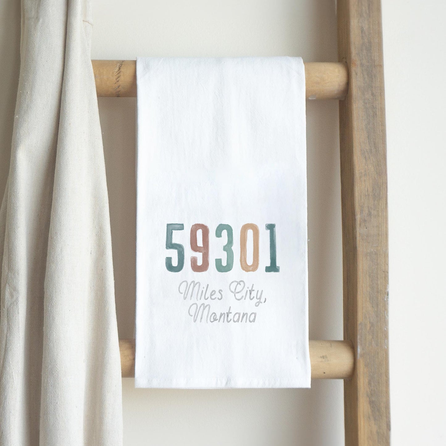 Cotton Tea Towel White-Watercolor Zip 59301 Miles City Montana Nature Walk -2