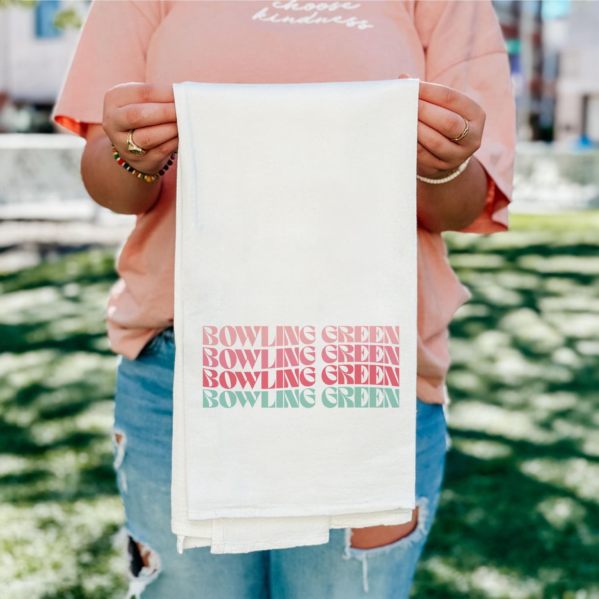 Cotton Tea Towel White-Retro Wave Bowling Green Ohio -4