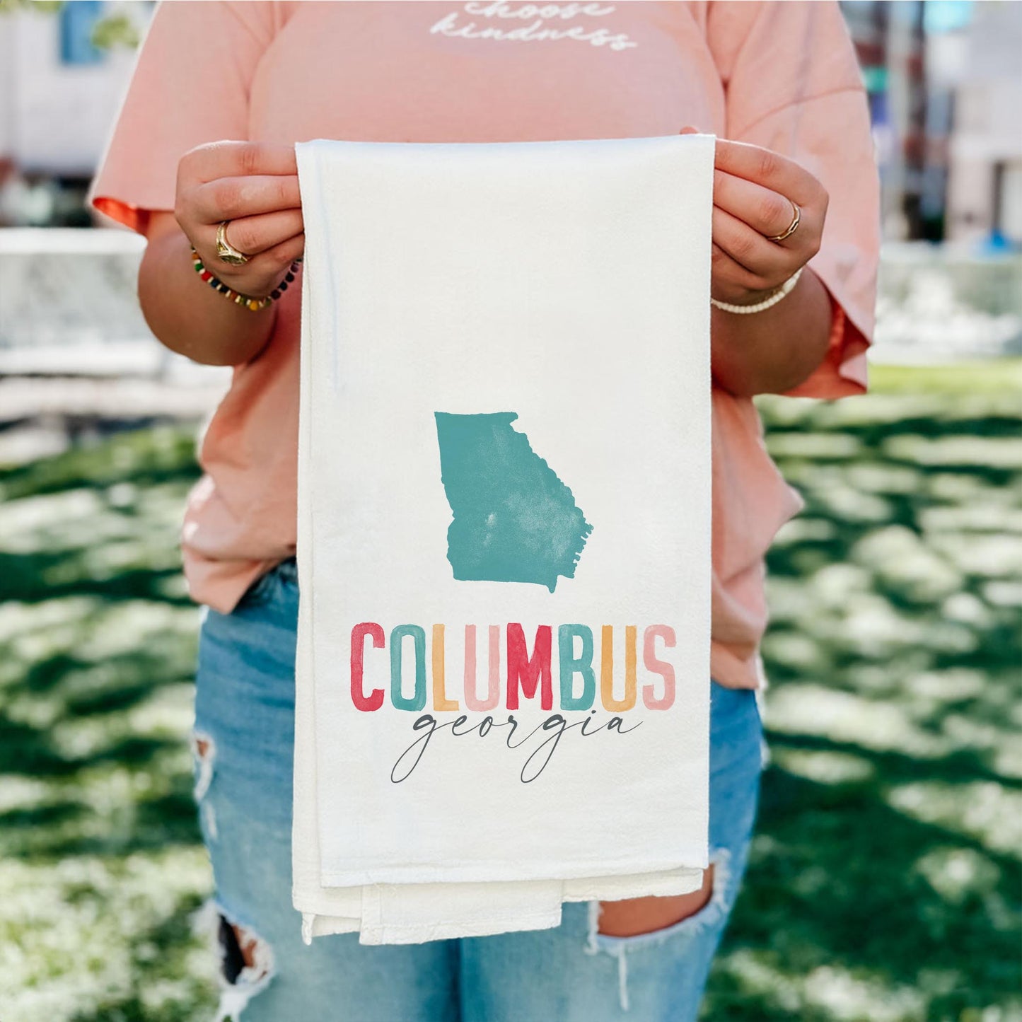 Cotton Tea Towel White-Watercolor City Columbus Georgia -4