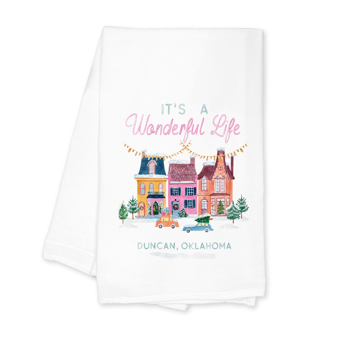 Cotton Tea Towel White-It's A Wonderful Life Duncan Oklahoma -0