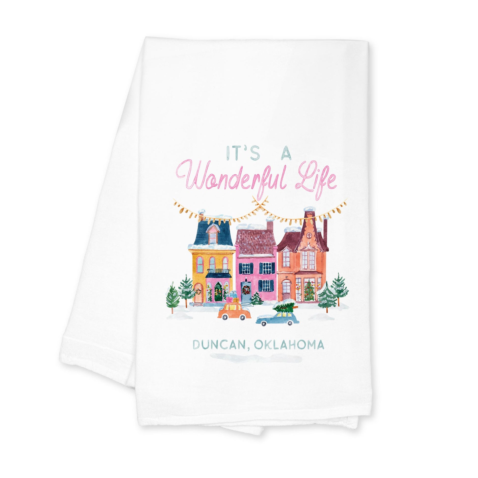 Cotton Tea Towel White-It's A Wonderful Life Duncan Oklahoma -0