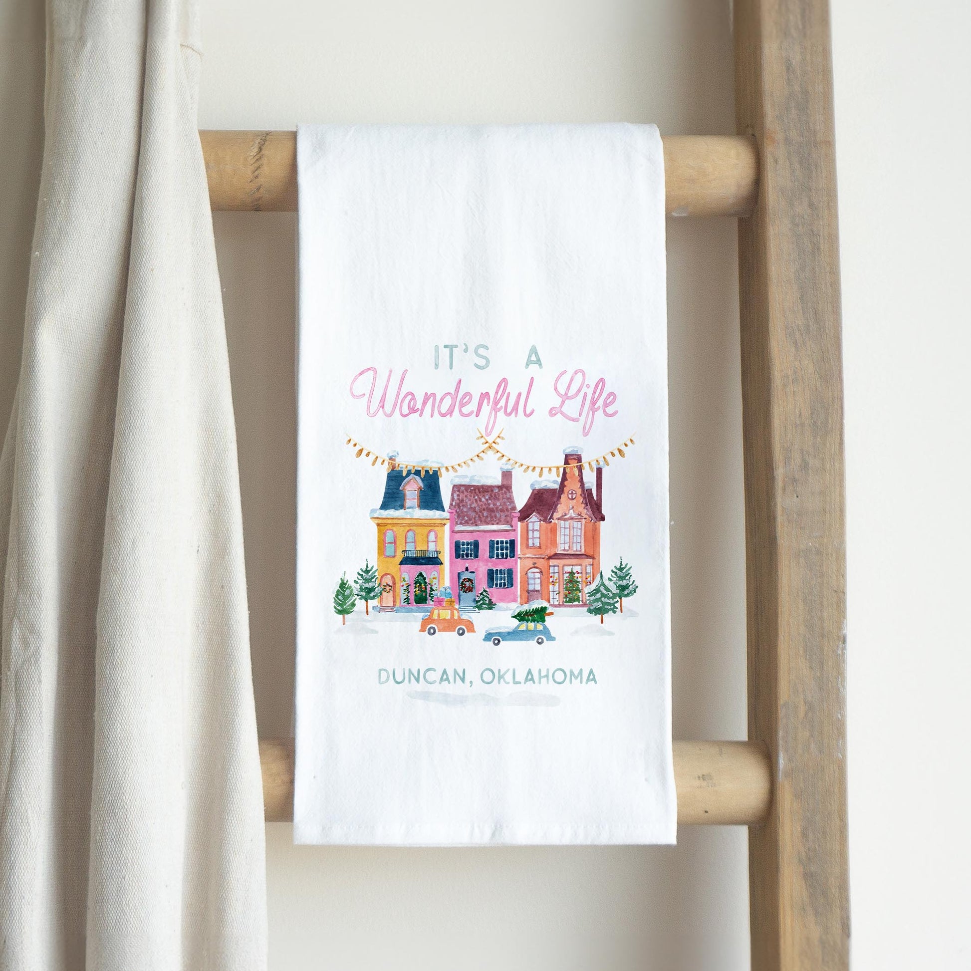 Cotton Tea Towel White-It's A Wonderful Life Duncan Oklahoma -2