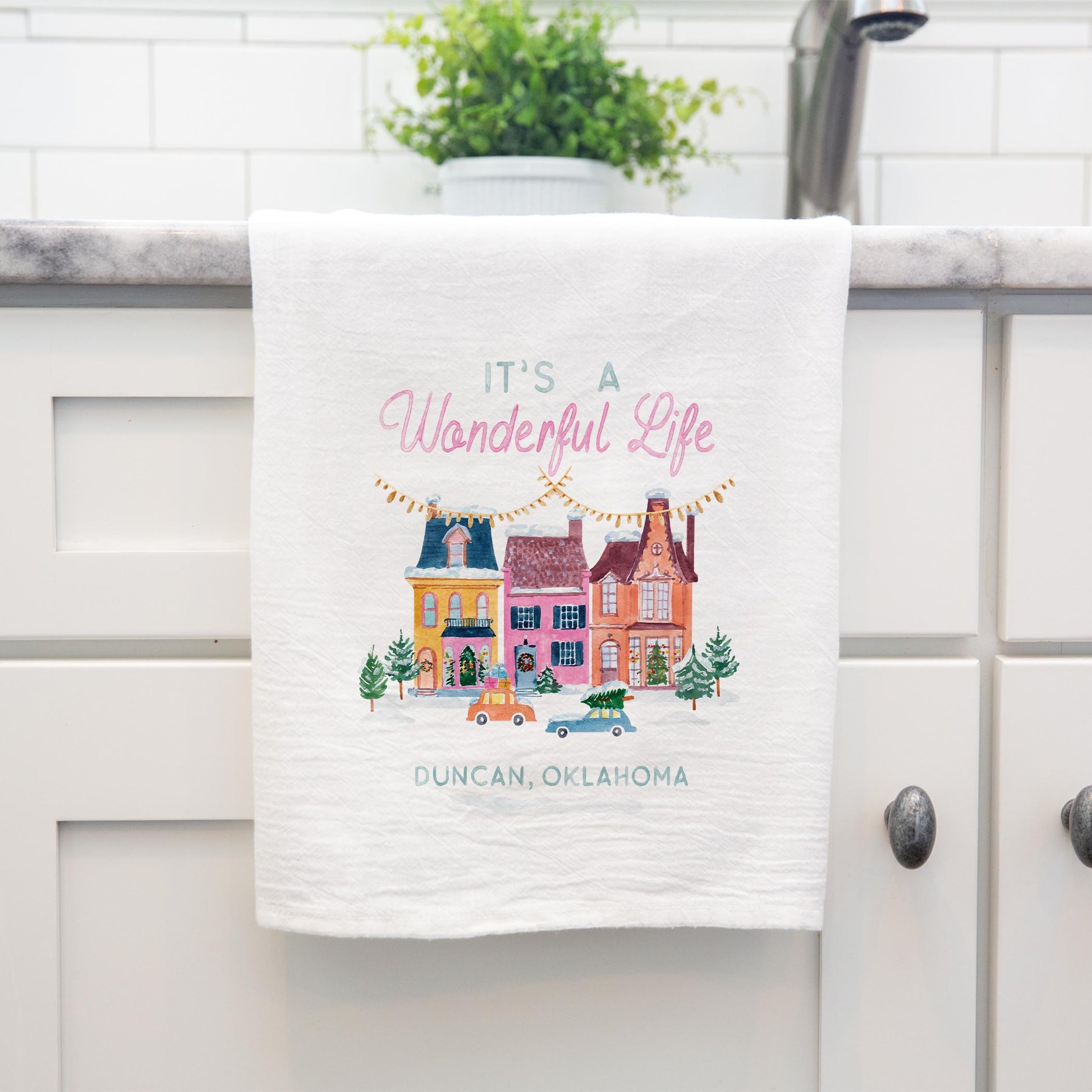 Cotton Tea Towel White-It's A Wonderful Life Duncan Oklahoma -3