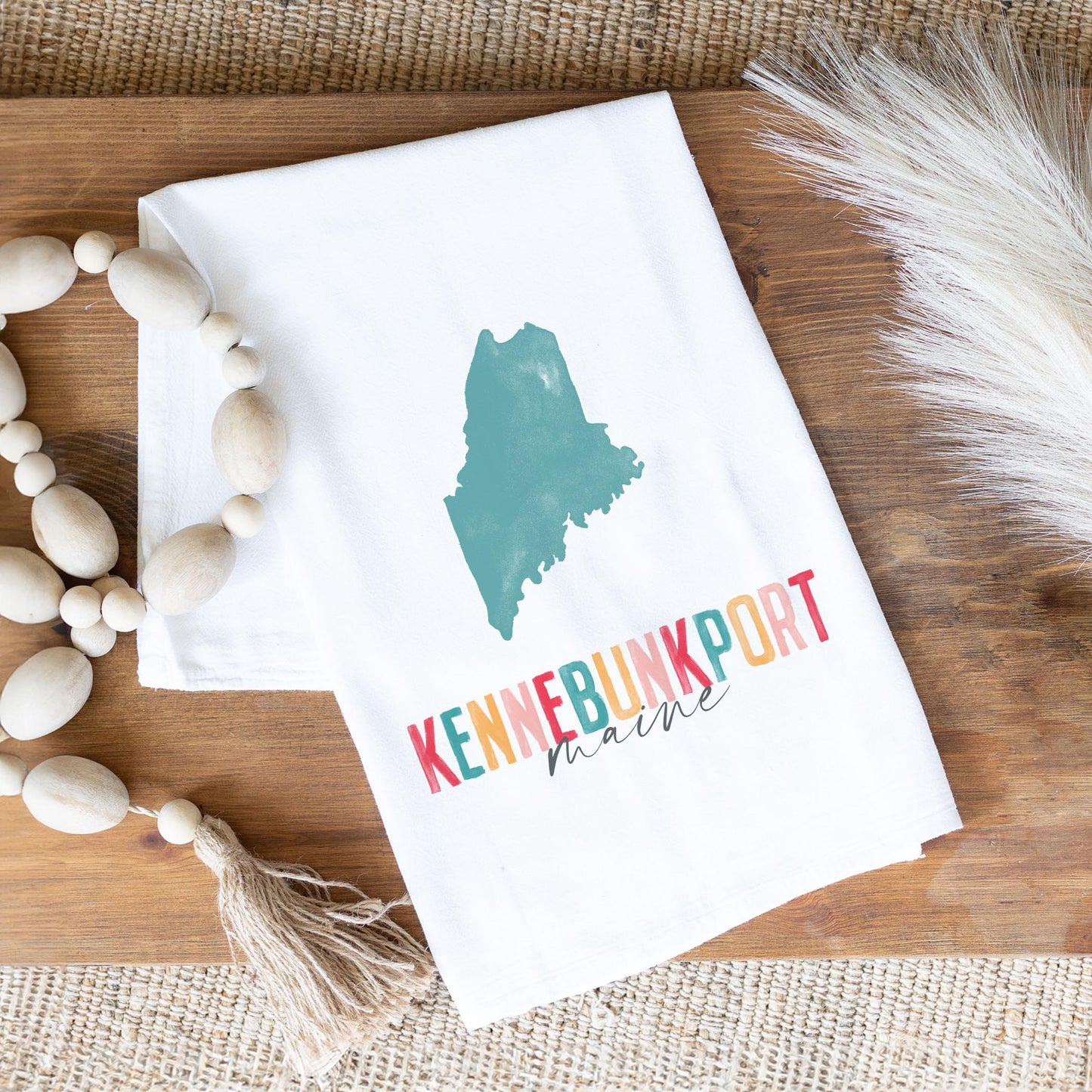 Cotton Tea Towel White-Watercolor City Kennebunkport Maine