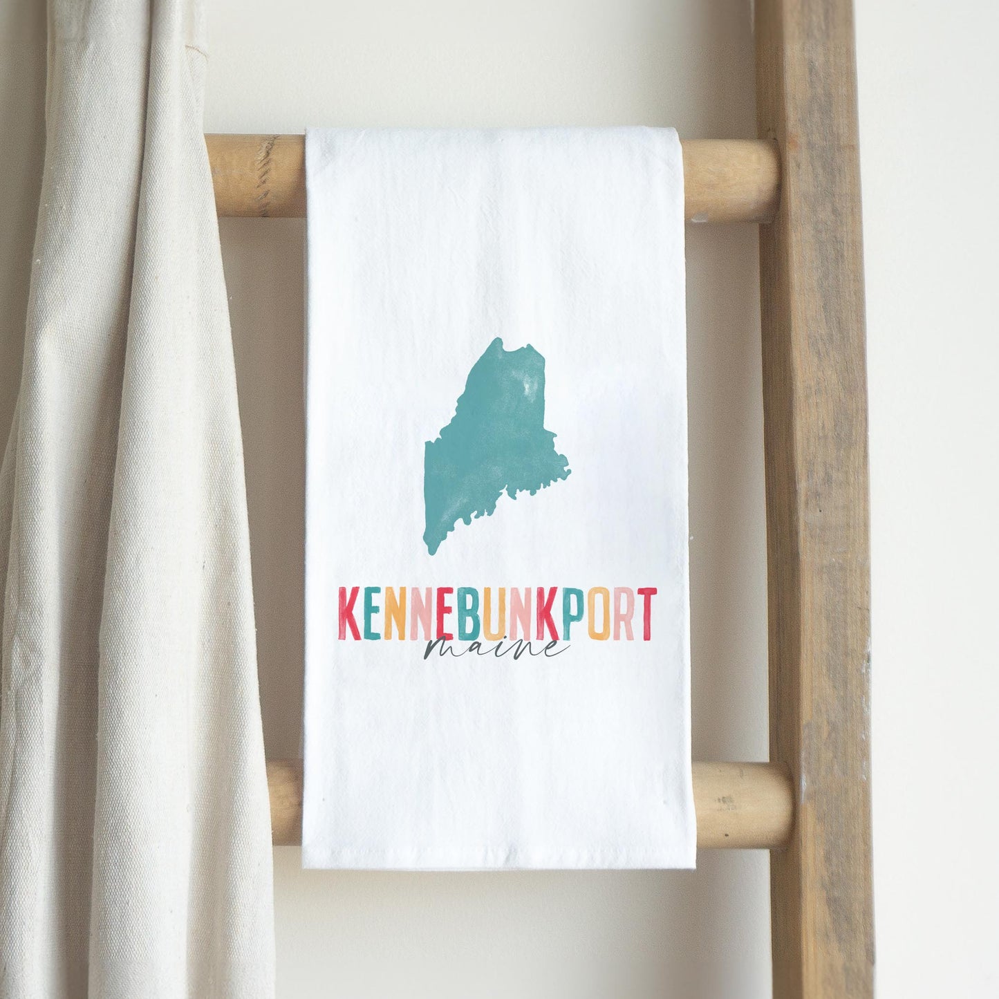 Cotton Tea Towel White-Watercolor City Kennebunkport Maine