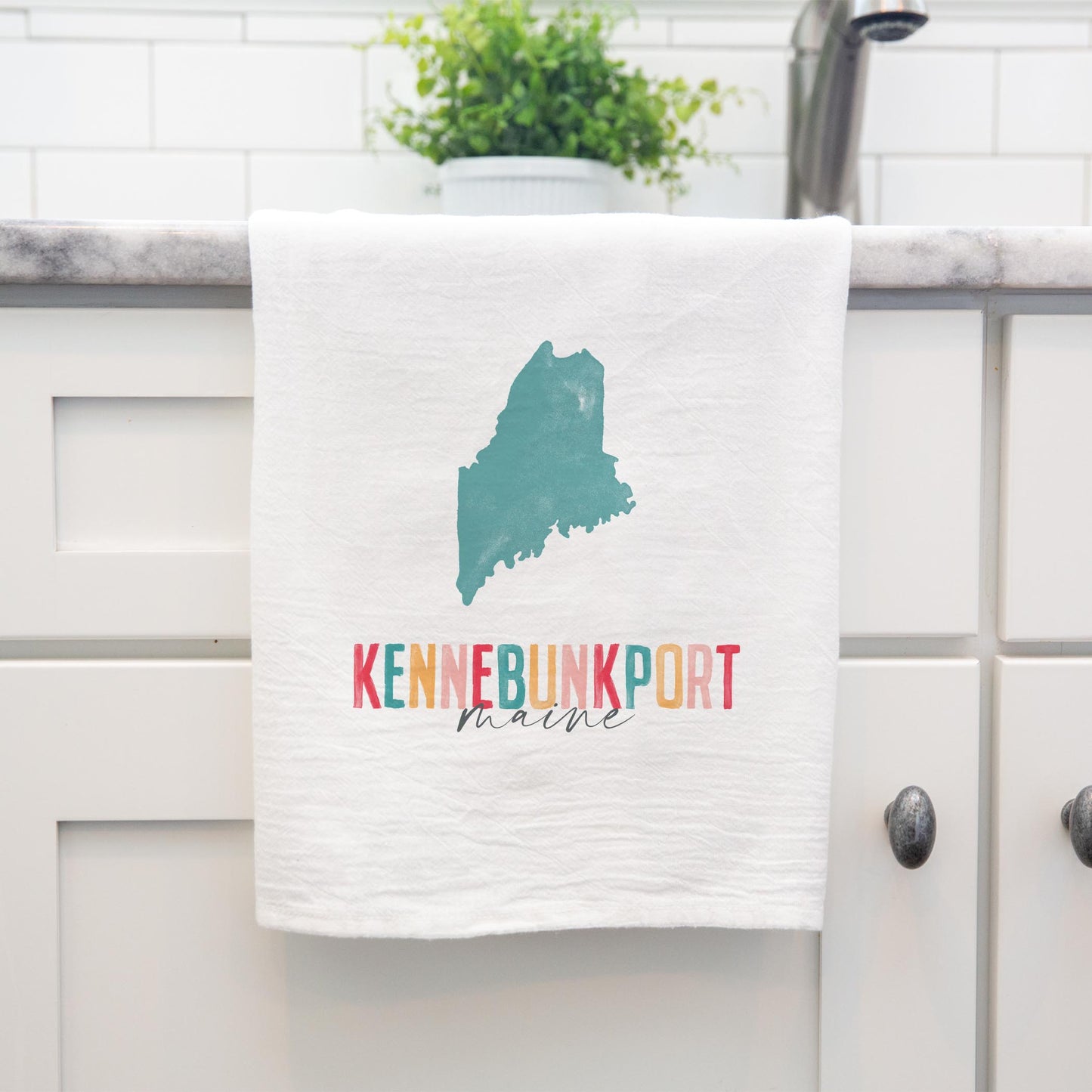 Cotton Tea Towel White-Watercolor City Kennebunkport Maine