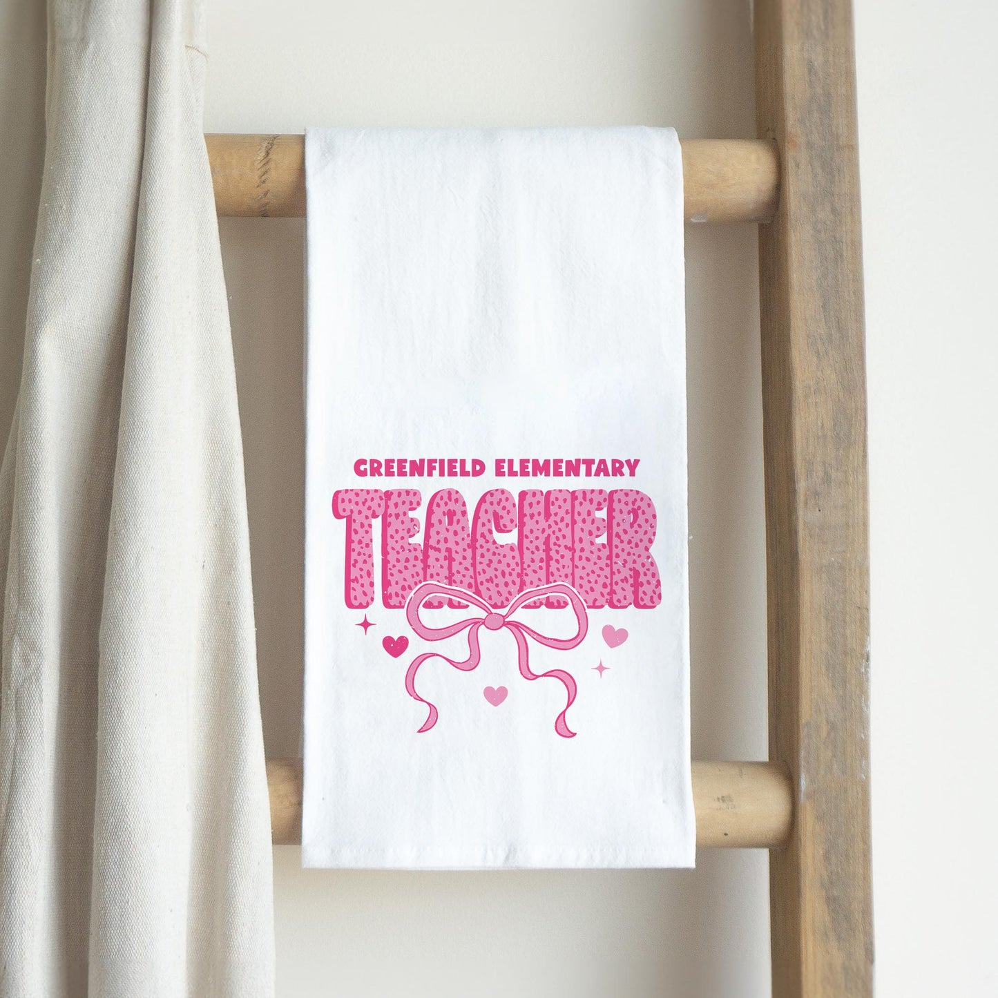 Cotton Tea Towel White-Love+Local Classroom Coquette Teacher Bow -2