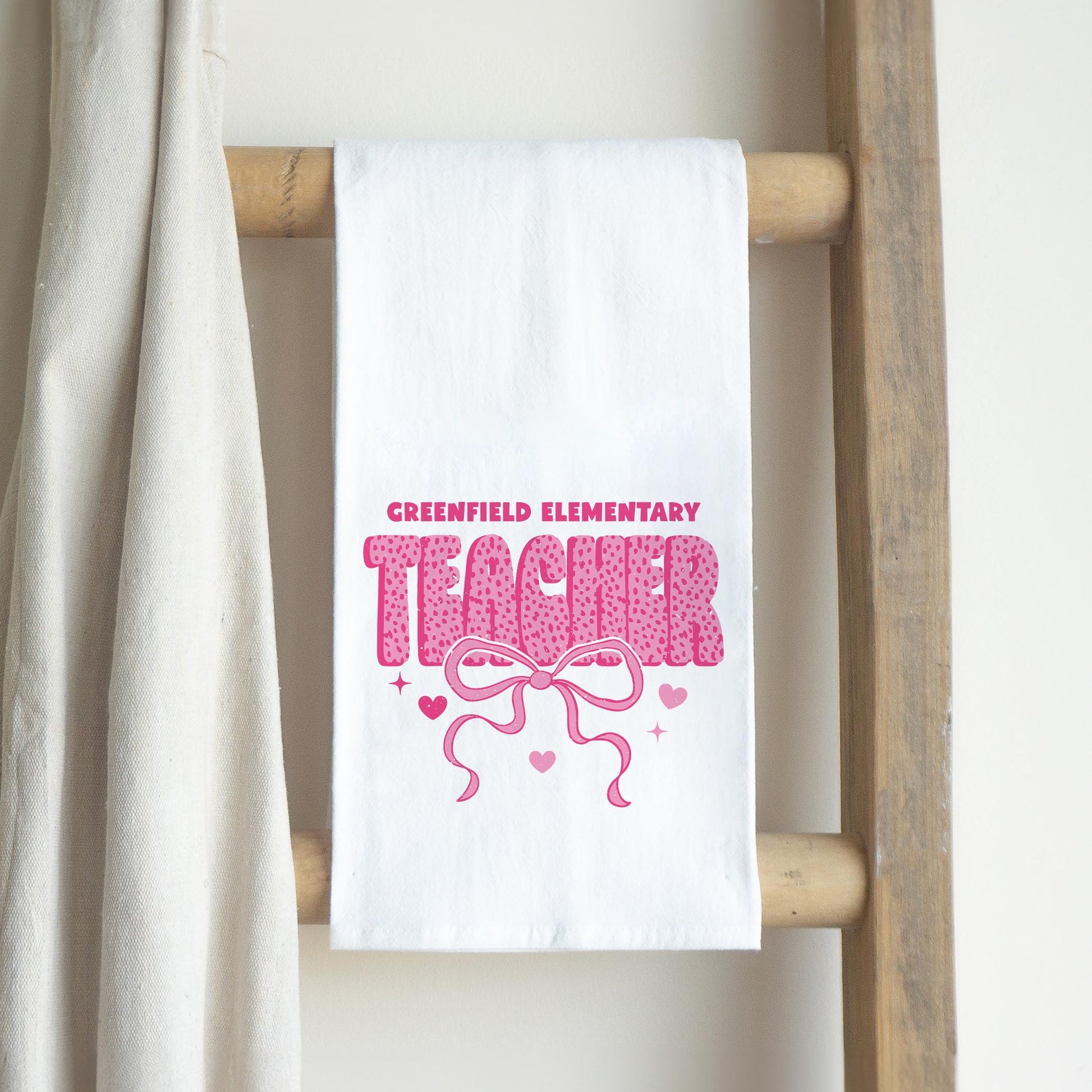 Cotton Tea Towel White-Love+Local Classroom Coquette Teacher Bow -2