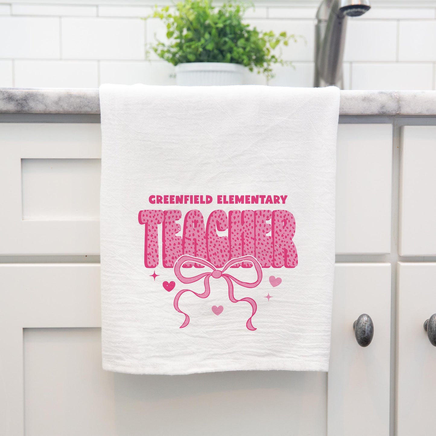 Cotton Tea Towel White-Love+Local Classroom Coquette Teacher Bow -3