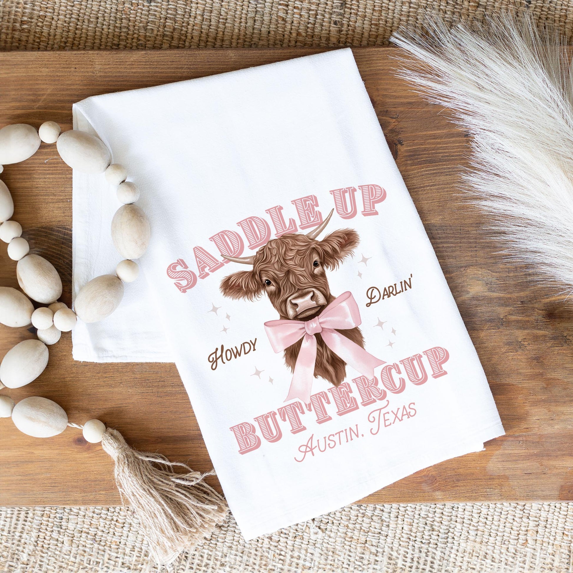 Cotton Tea Towel White-Love+Local Coquette Cowgirl Saddle Up -1