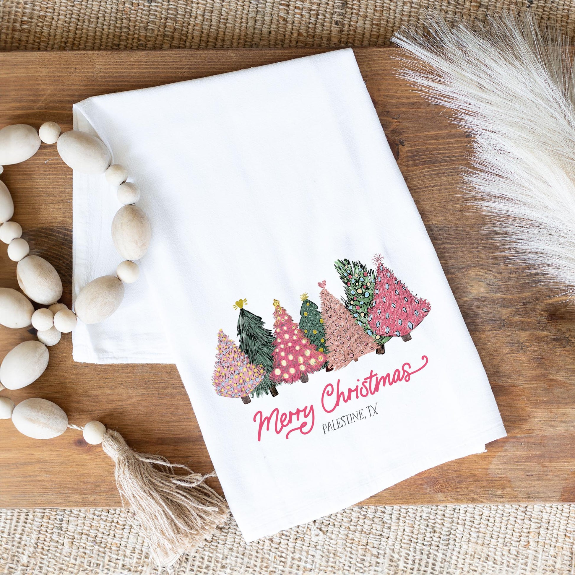 Cotton Tea Towel White-Pink Trees Palestine, TX -1