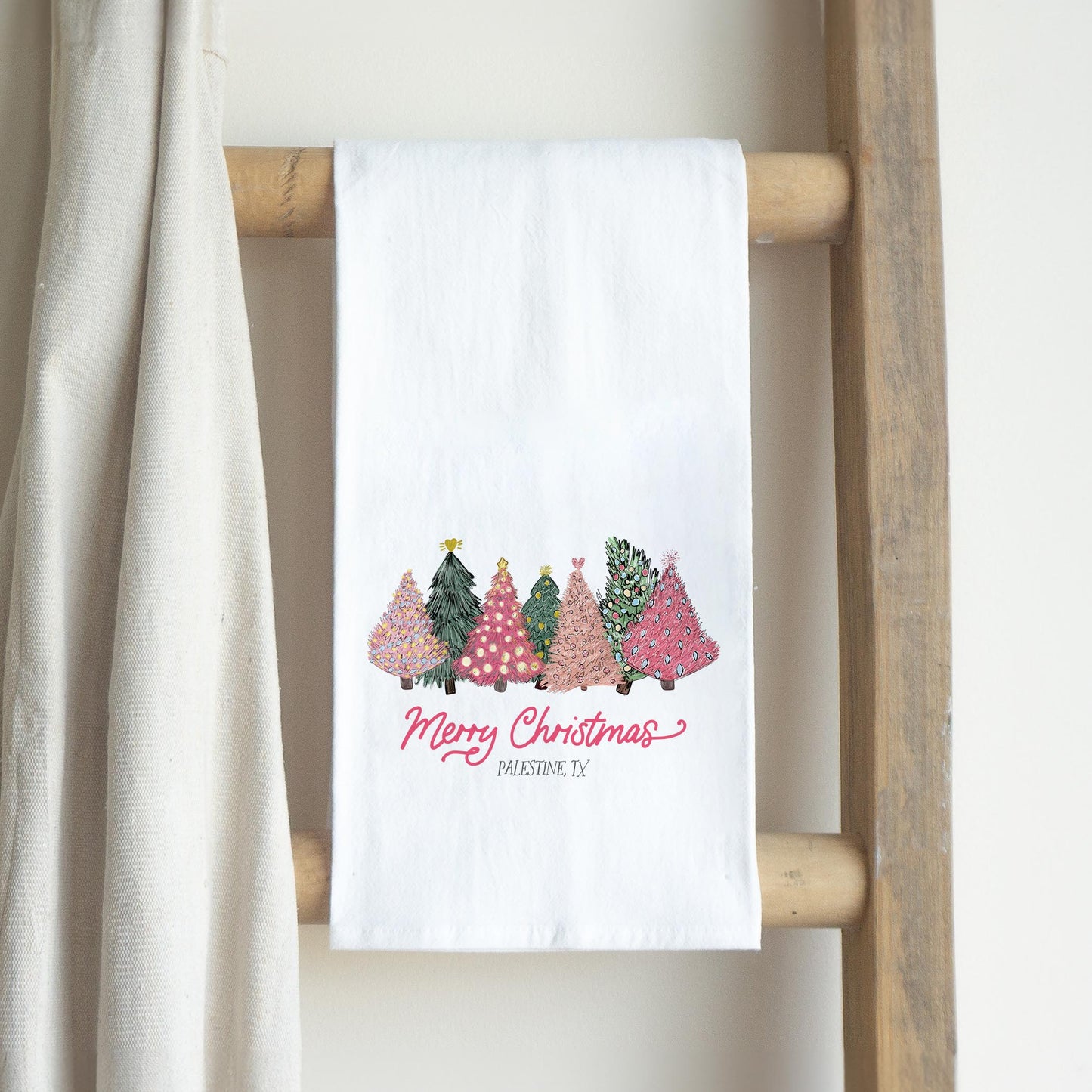Cotton Tea Towel White-Pink Trees Palestine, TX -2