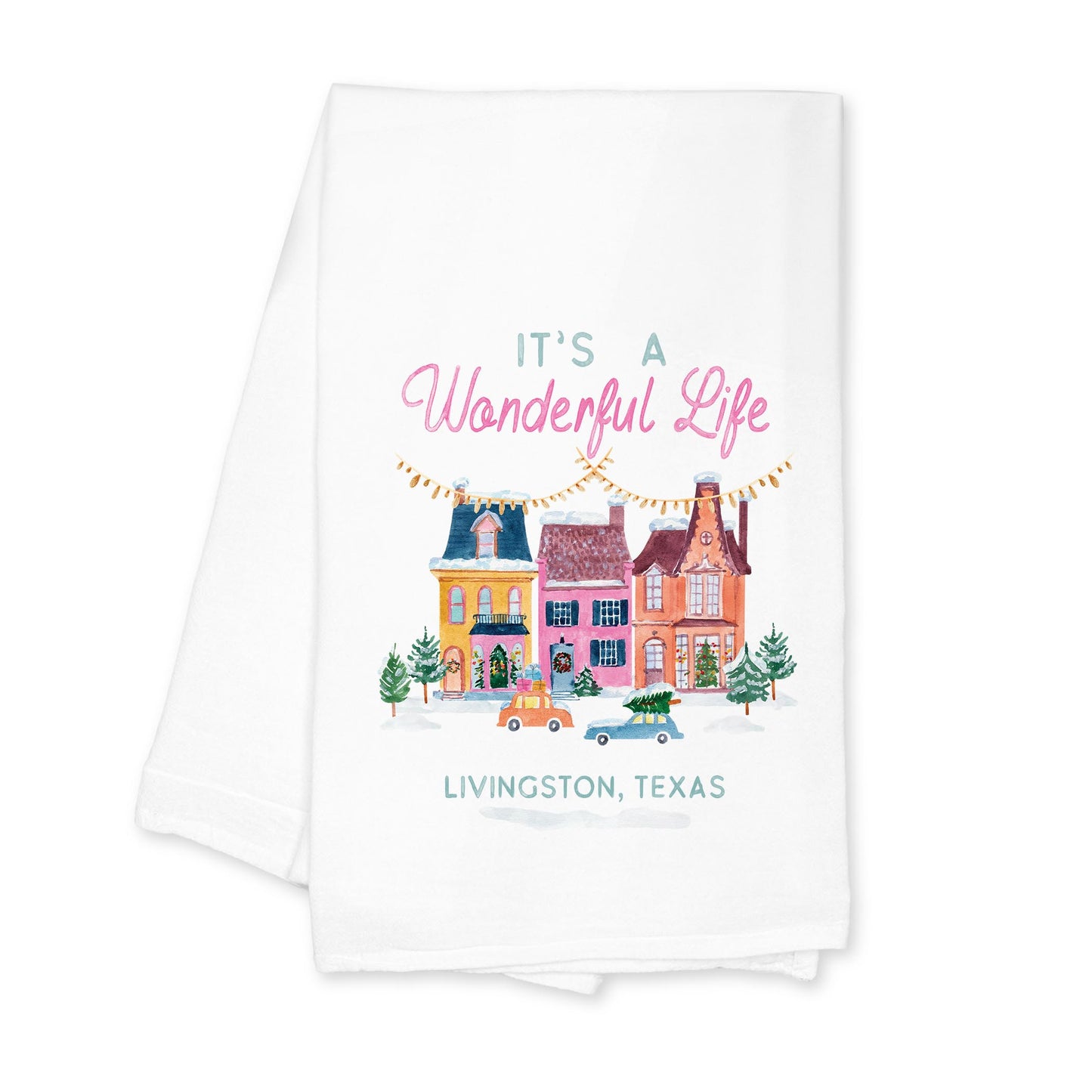 Cotton Tea Towel White-It's A Wonderful Life Livingston Texas -0