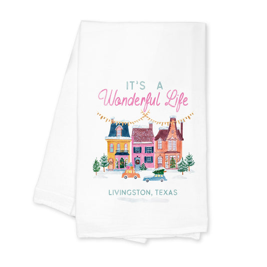 Cotton Tea Towel White-It's A Wonderful Life Livingston Texas -0