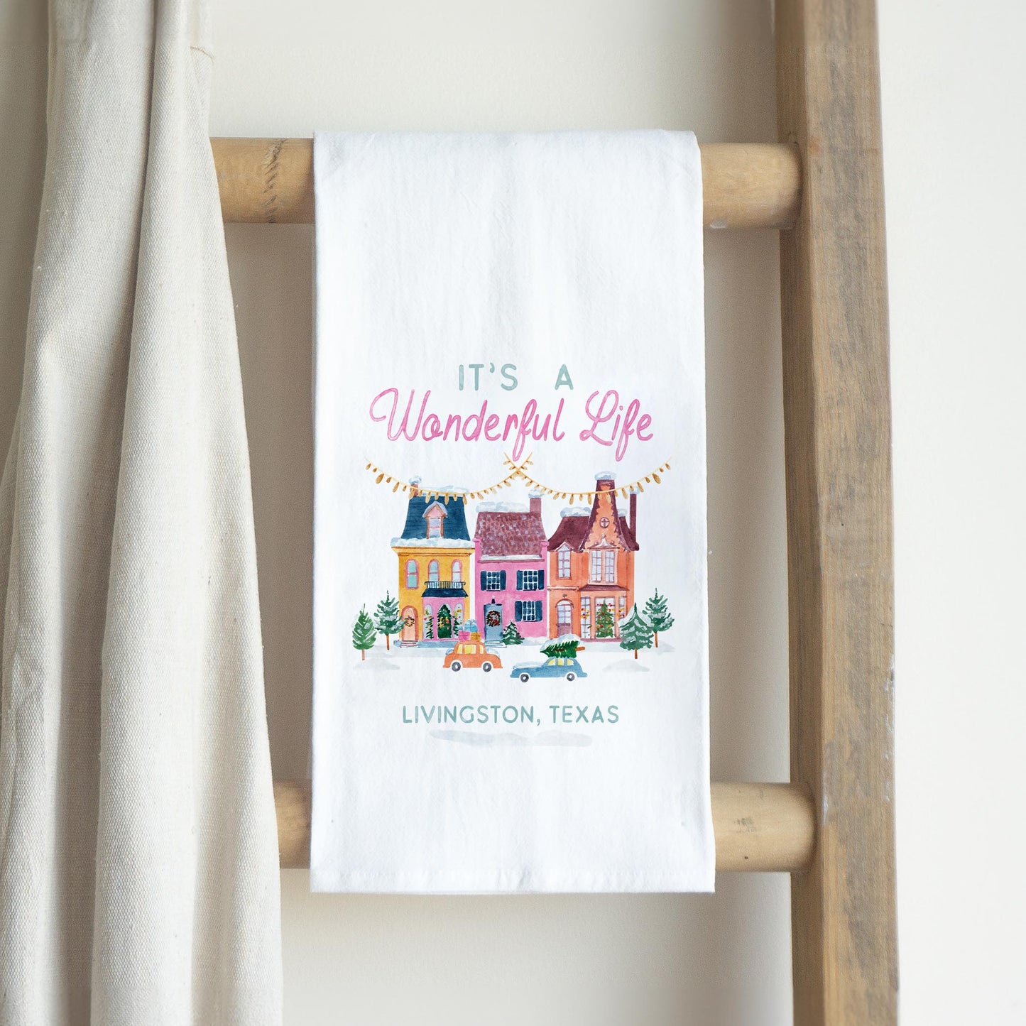 Cotton Tea Towel White-It's A Wonderful Life Livingston Texas -2