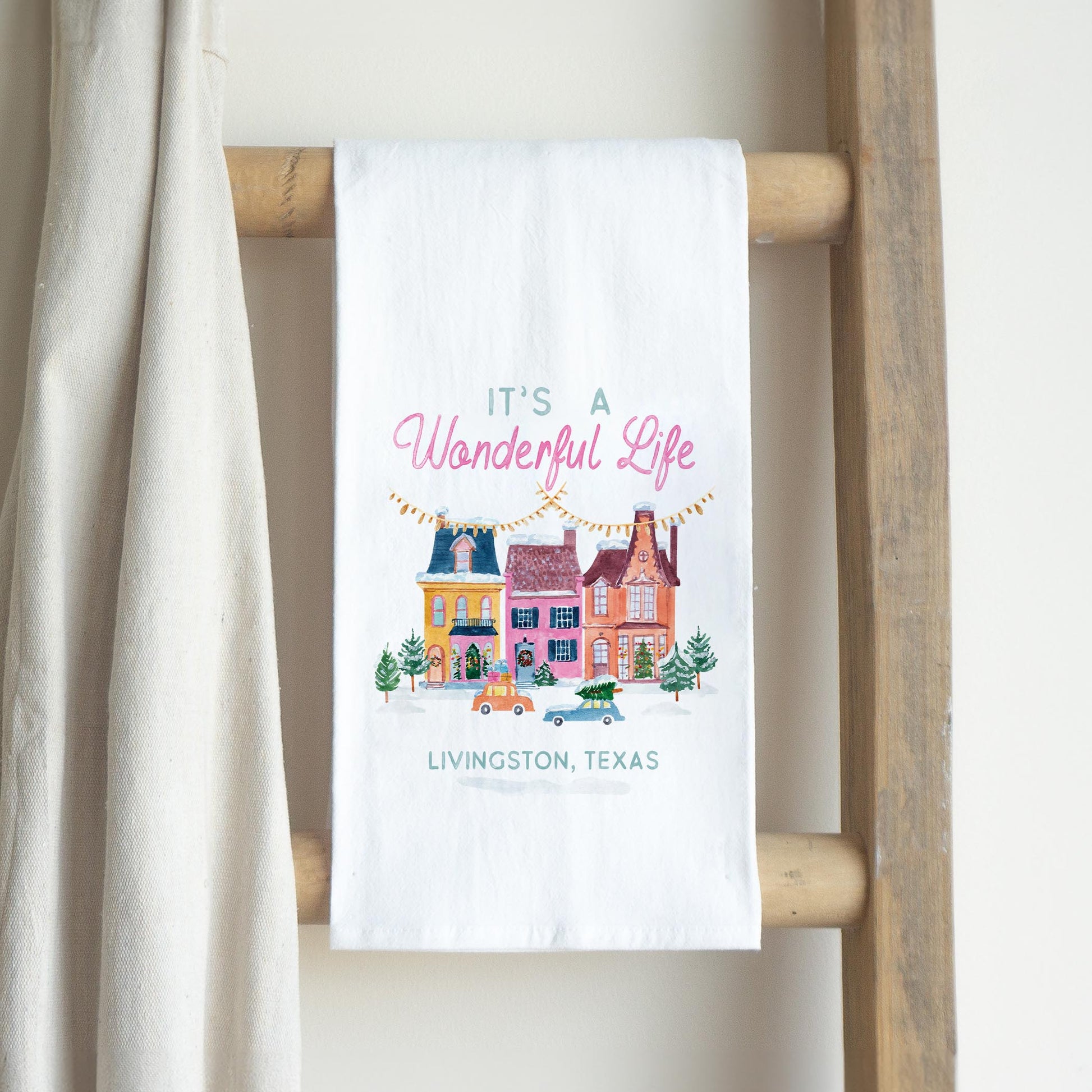 Cotton Tea Towel White-It's A Wonderful Life Livingston Texas -2