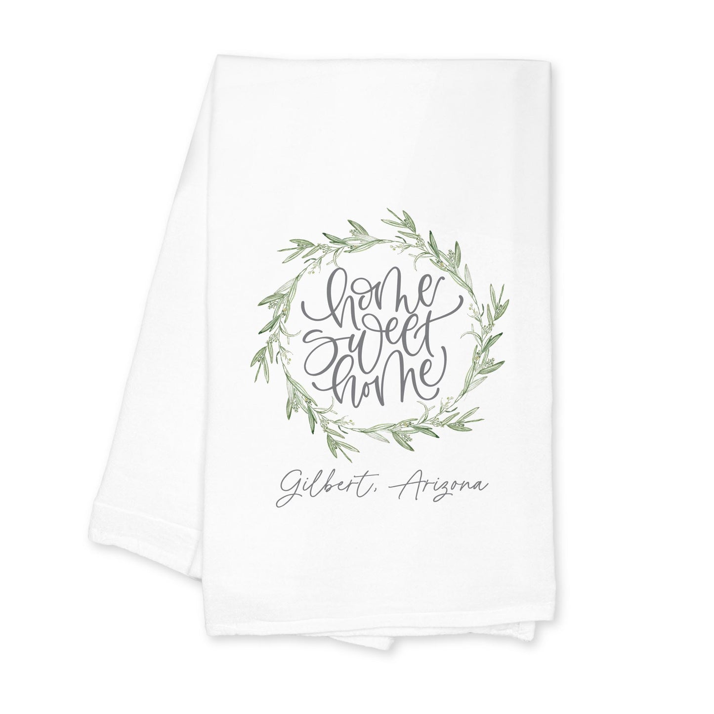 Cotton Tea Towel White-Olive Wreath Home Sweet Home Gilbert Arizona