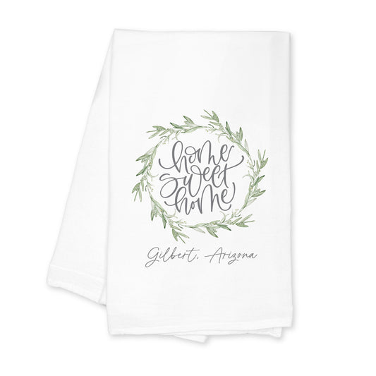 Cotton Tea Towel White-Olive Wreath Home Sweet Home Gilbert Arizona