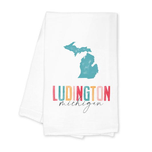 Cotton Tea Towel White-Watercolor City Ludington Michigan -0