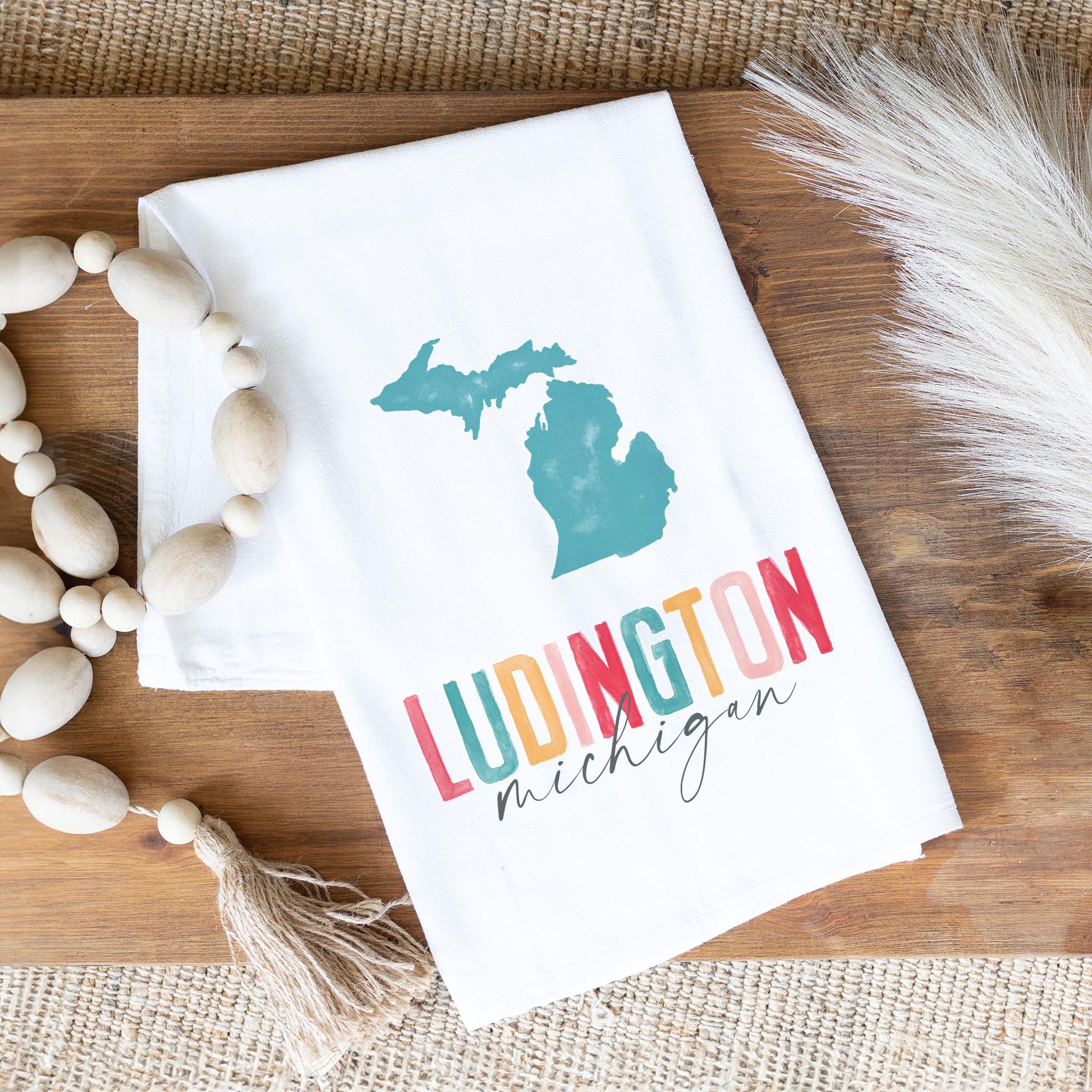 Cotton Tea Towel White-Watercolor City Ludington Michigan -1