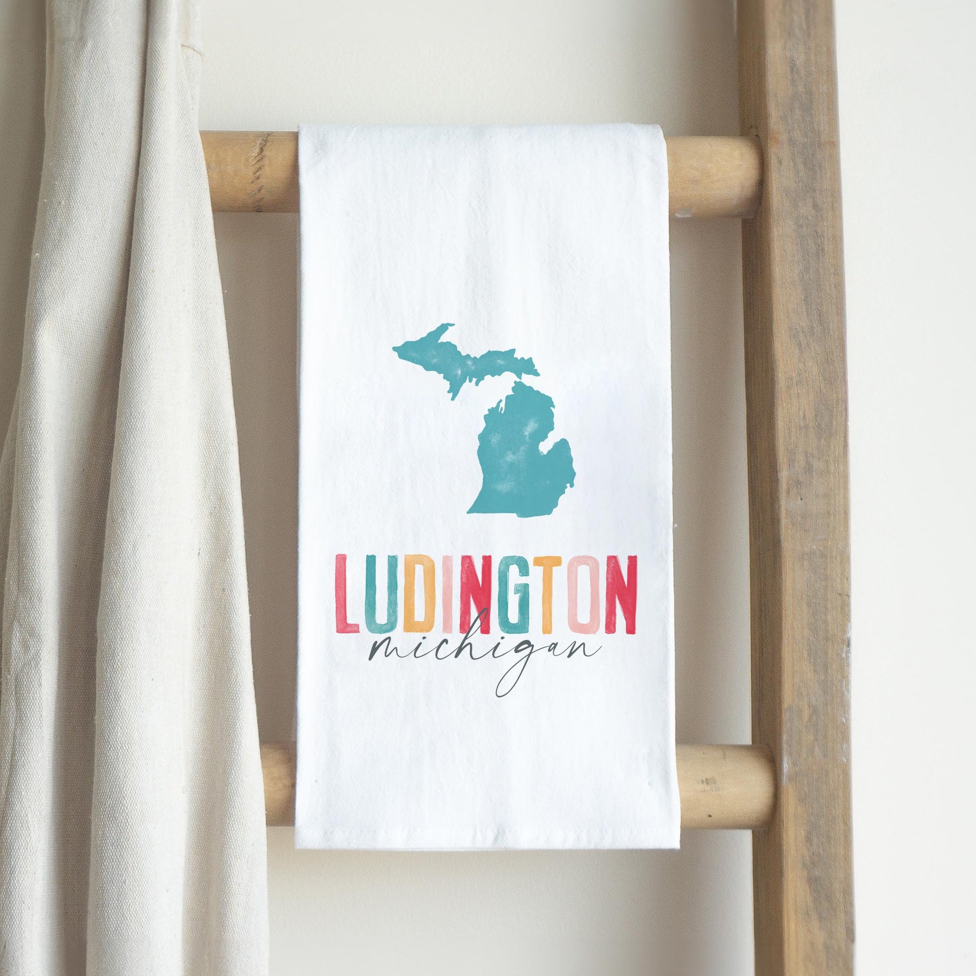 Cotton Tea Towel White-Watercolor City Ludington Michigan -2