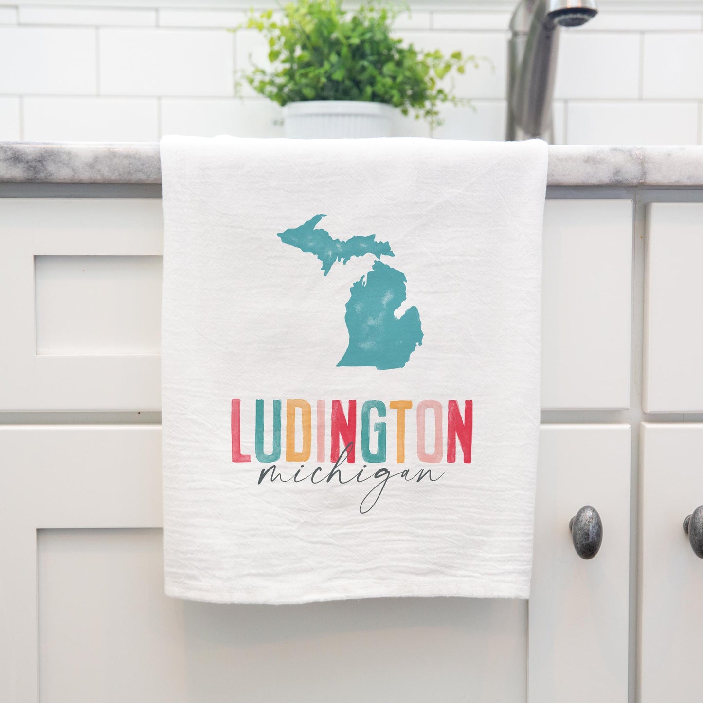 Cotton Tea Towel White-Watercolor City Ludington Michigan -3